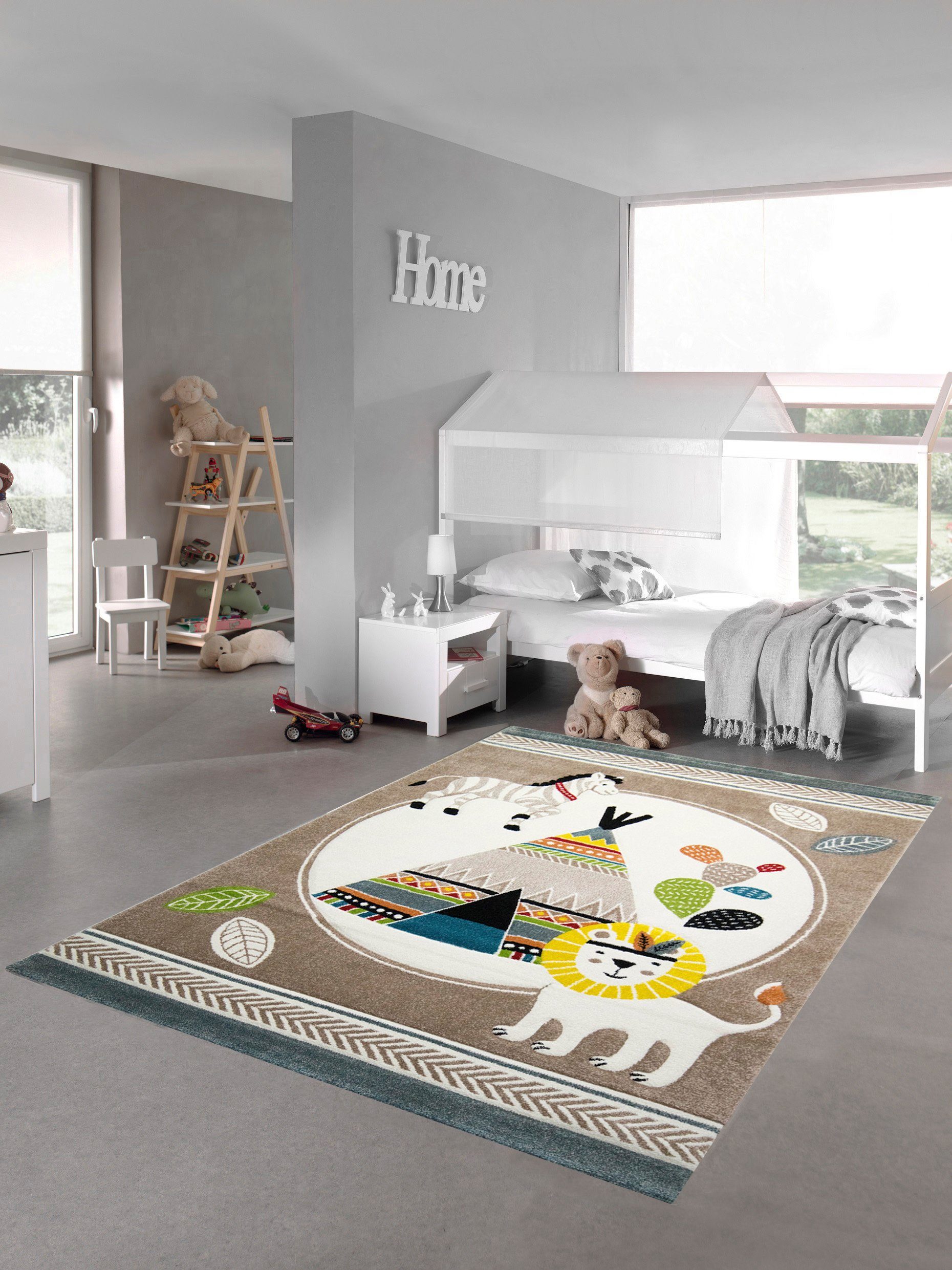 Kinderteppich Kinderzimmer Teppich Spielteppich Zelt Löwe Zebra Kaktus beige blau creme braun, Teppich-Traum, rechteckig, Höhe: 13 mm