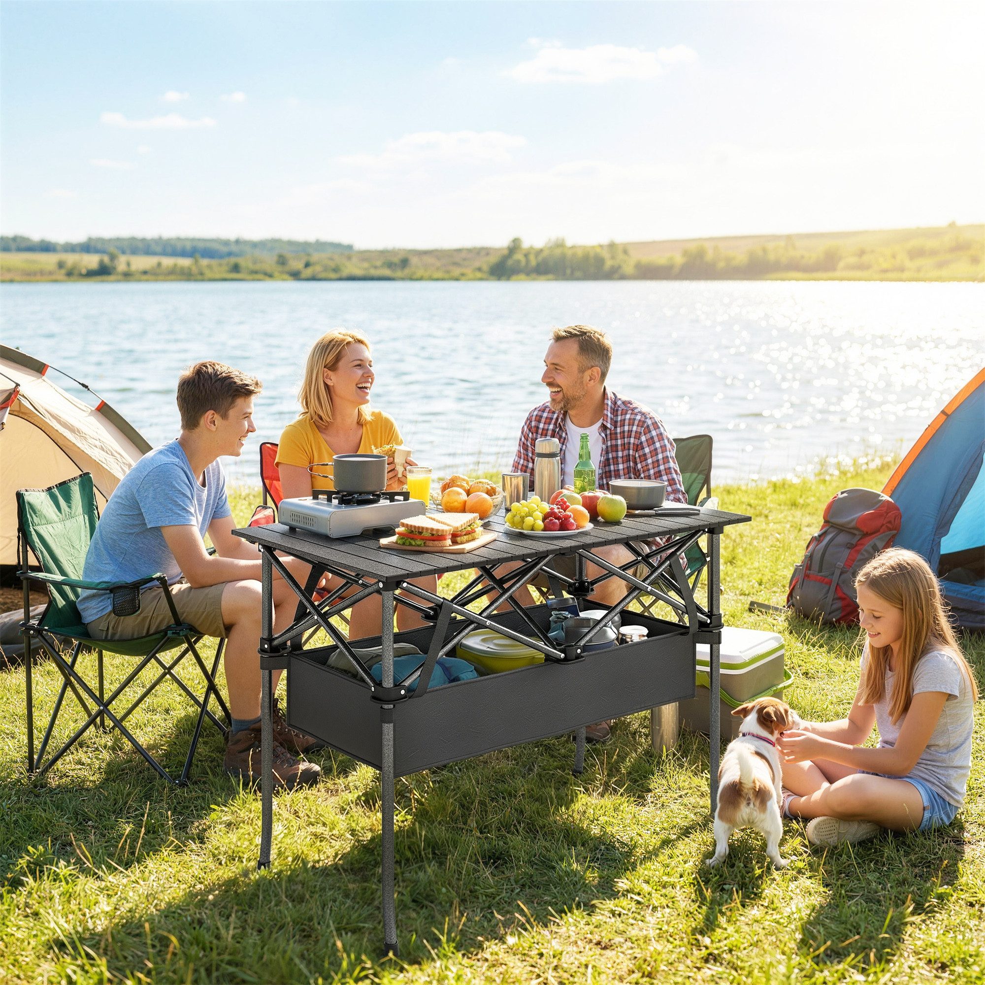 Outsunny Campingtisch Gartentisch Beistelltisch für Garten Balkon Camping Schwarz (Tisch, 1-St., Falttisch), Klappbar, Alu-Tischplatte, mit Netzfach