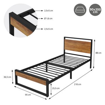 ML-DESIGN Metallbett Einzelbett Stahl mit Lattenrost inkl. Holz-Kopf- & Fußteil rustikal, Metallbett 90x200 cm Schwarz Braun Gästebett Einzelbett Jugendbett