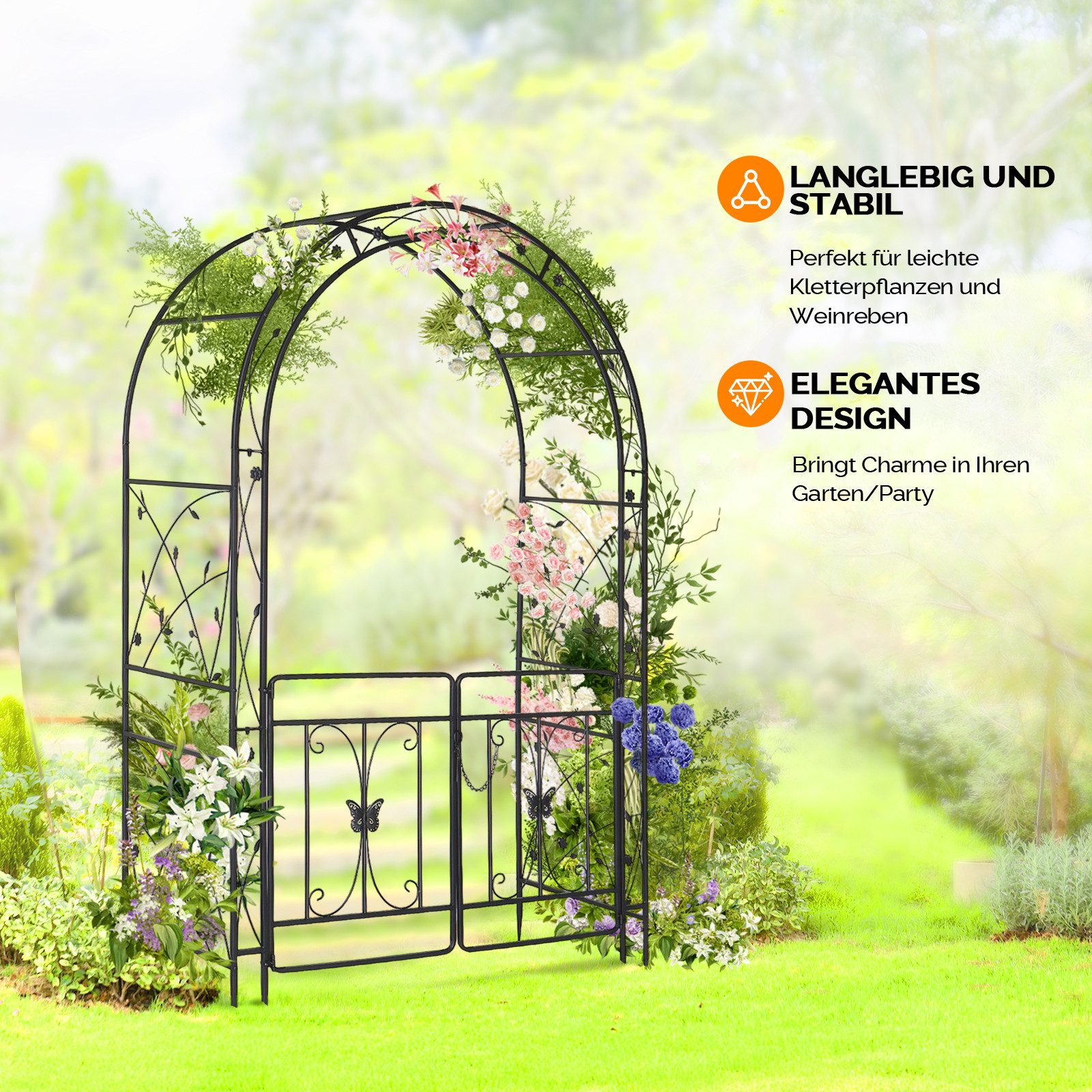 LALAHO Rosenbogen Gartenbogen aus Eisen mit Tür 134 X 58 x213cm, Gartenlaube, Hochzeitsbogen, Stabiler Rankbogen für Kletterpflanzen – Bild 5 von 5