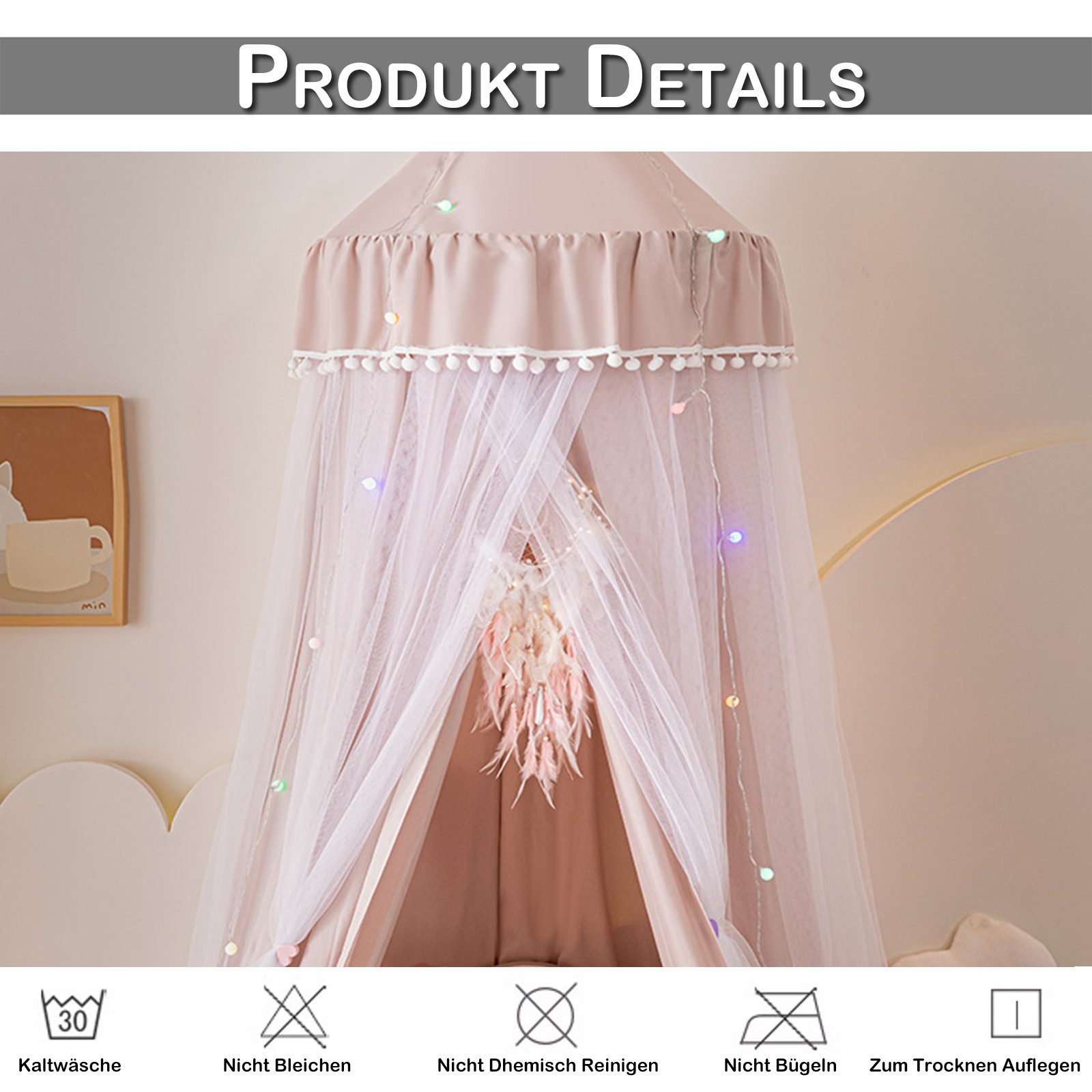 Sunicol Moskitonetz Doppelschicht Moskitonetz, Bett Baldachin, Lichtblockierung Kuppel, Faltbares Pompon Moskitonetz Bett für Kinderzimmer