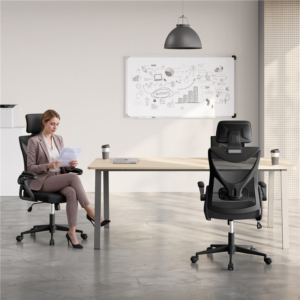 Yaheetech Drehstuhl mit Hochklappbaren Armlehnen & Verstellbarer Kopfstütze, Ergonomischer Bürostuhl Schreibtischstuhl mit flexiblem Lendenkissen – Bild 3 von 5