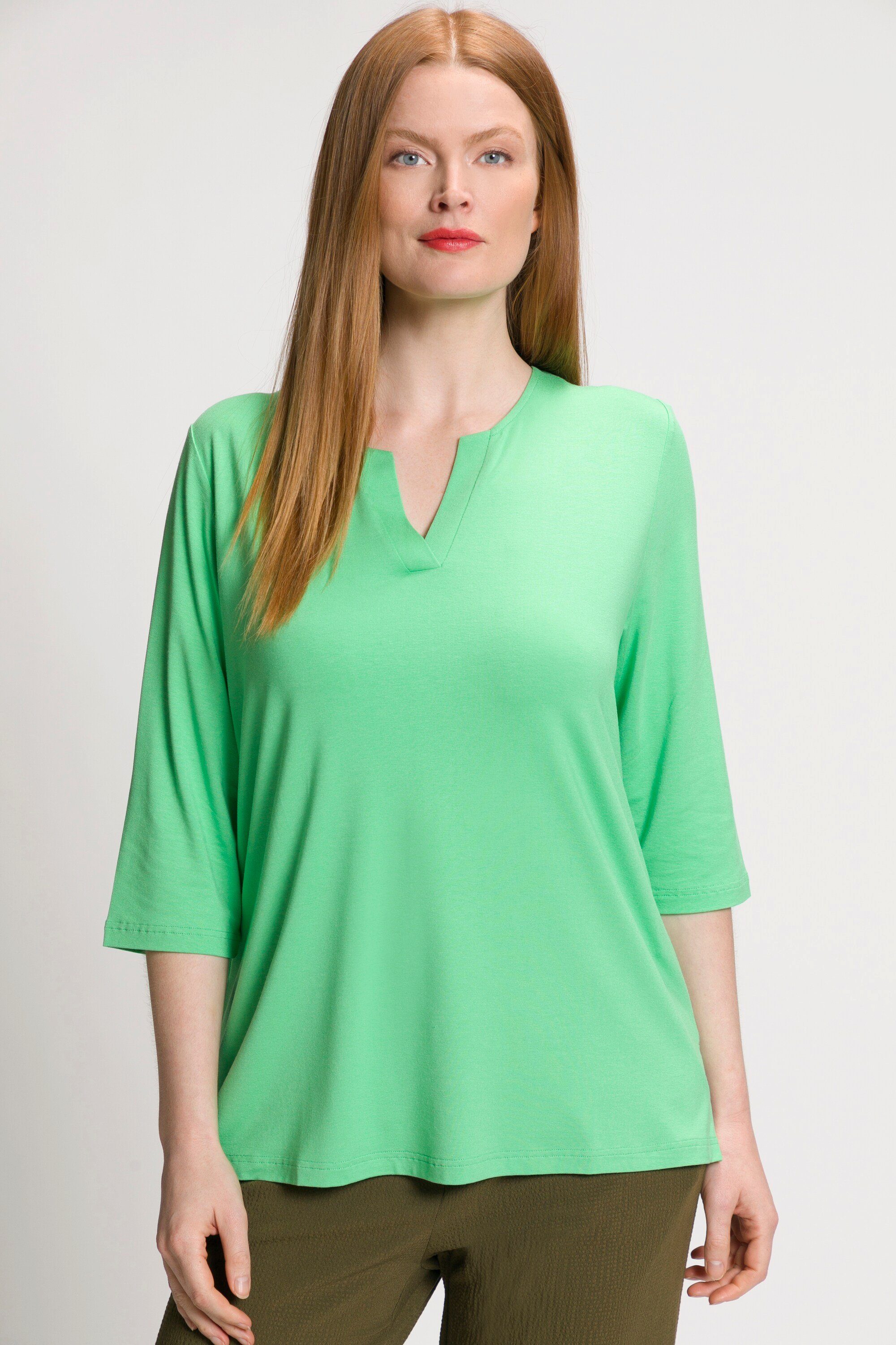 Ulla Popken Rundhalsshirt Shirt Classic Tunika-Ausschnitt 3/4-Arm mintgrün