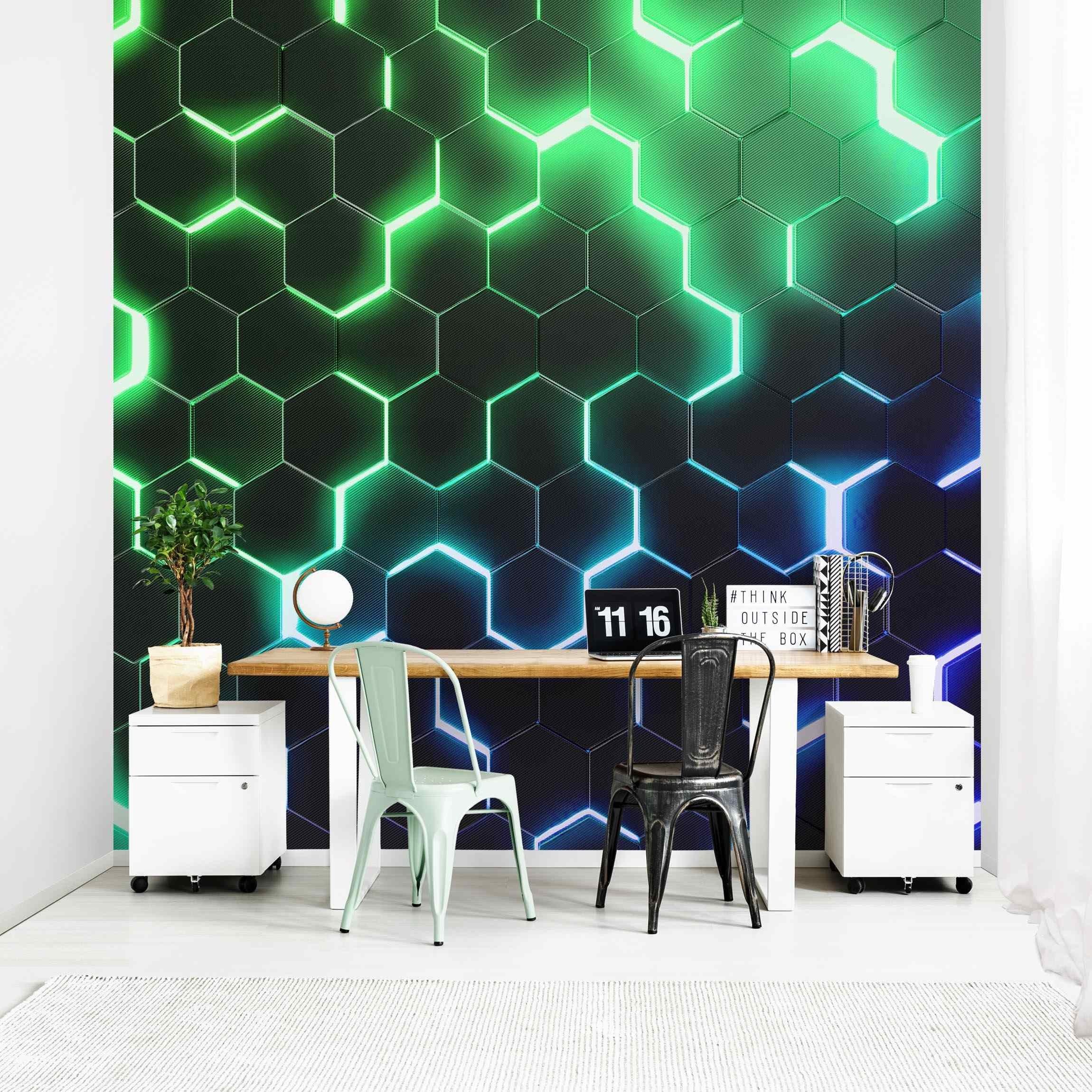 Bilderdepot24 Mustertapete Hexagone Neonlicht Grün 3D-Optik Muster Neon Art günstig online kaufen