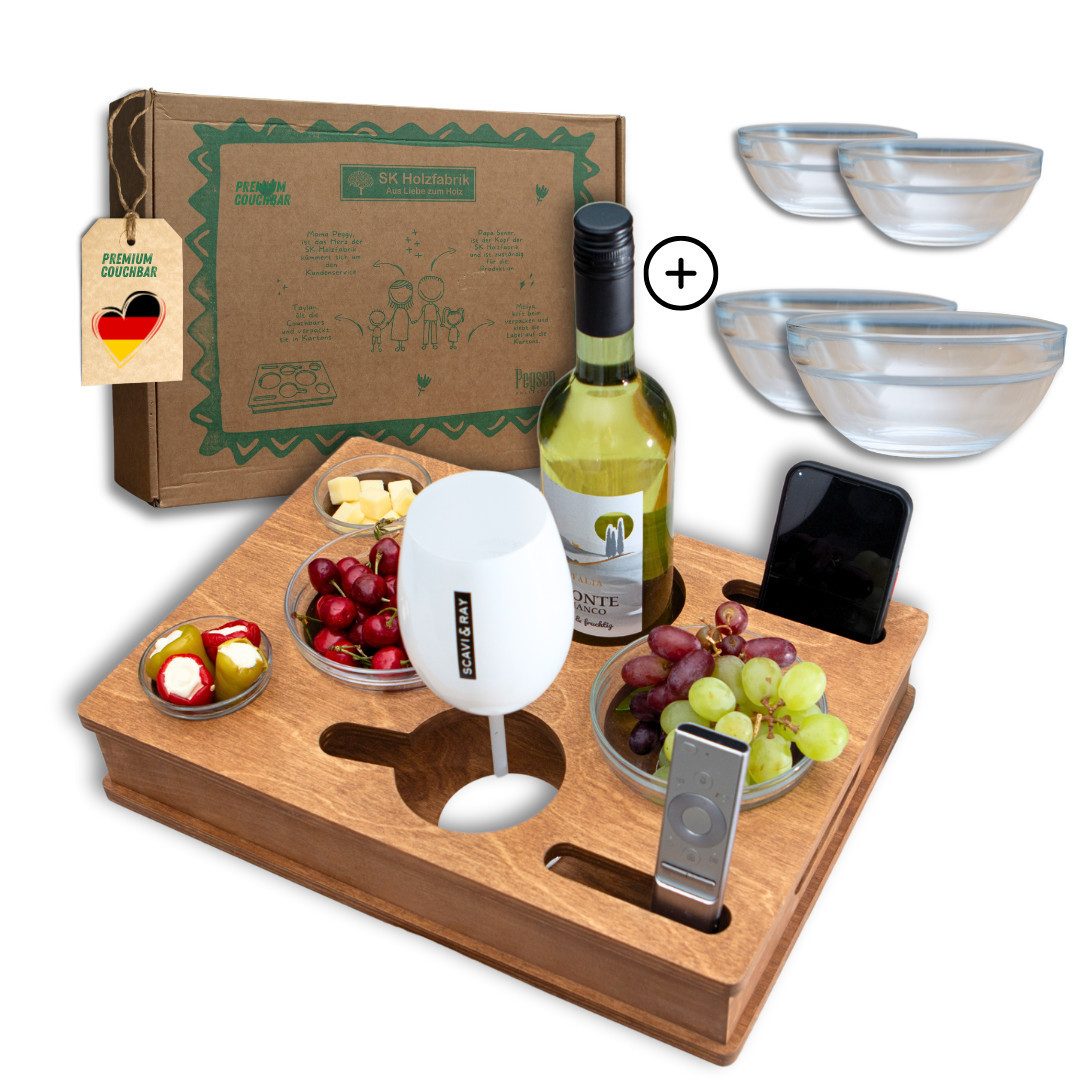 PEGSEN Servierplatte All in One Couchbar Sofatablett mit 4 Snackschalen, Birkenholz, (Set, 5-tlg., abnehmbarer Deckel, mit 4 lebensmittelechten Glasschalen), passend für Kaffeetassen, Weingläser, 0,5L Bierflaschen