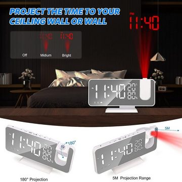 BlingBin Projektionswecker 7,4 Zoll Spiegel-Digitaluhr Hygrometer verstellbar LED Wecker FM-Radio mit Temperatur Luftfeuchtigkeits Anzeige 3D-Modus 12 / 24H-Einstellung
