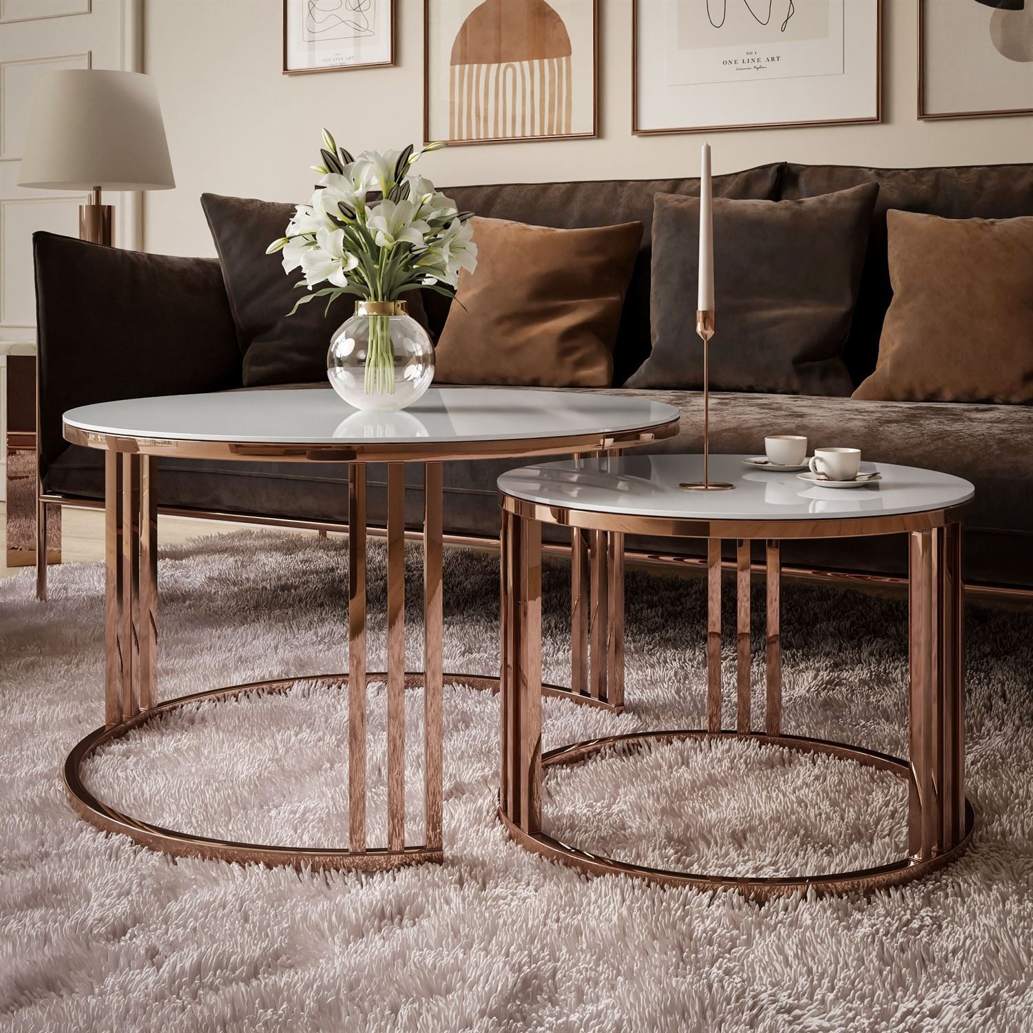 Lookway Couchtisch LORI 2in1 GLASS Couchtisch-Set mit Kupfergestell (2er Set), Durchmesser: ⌀70 cm und ⌀50 cm