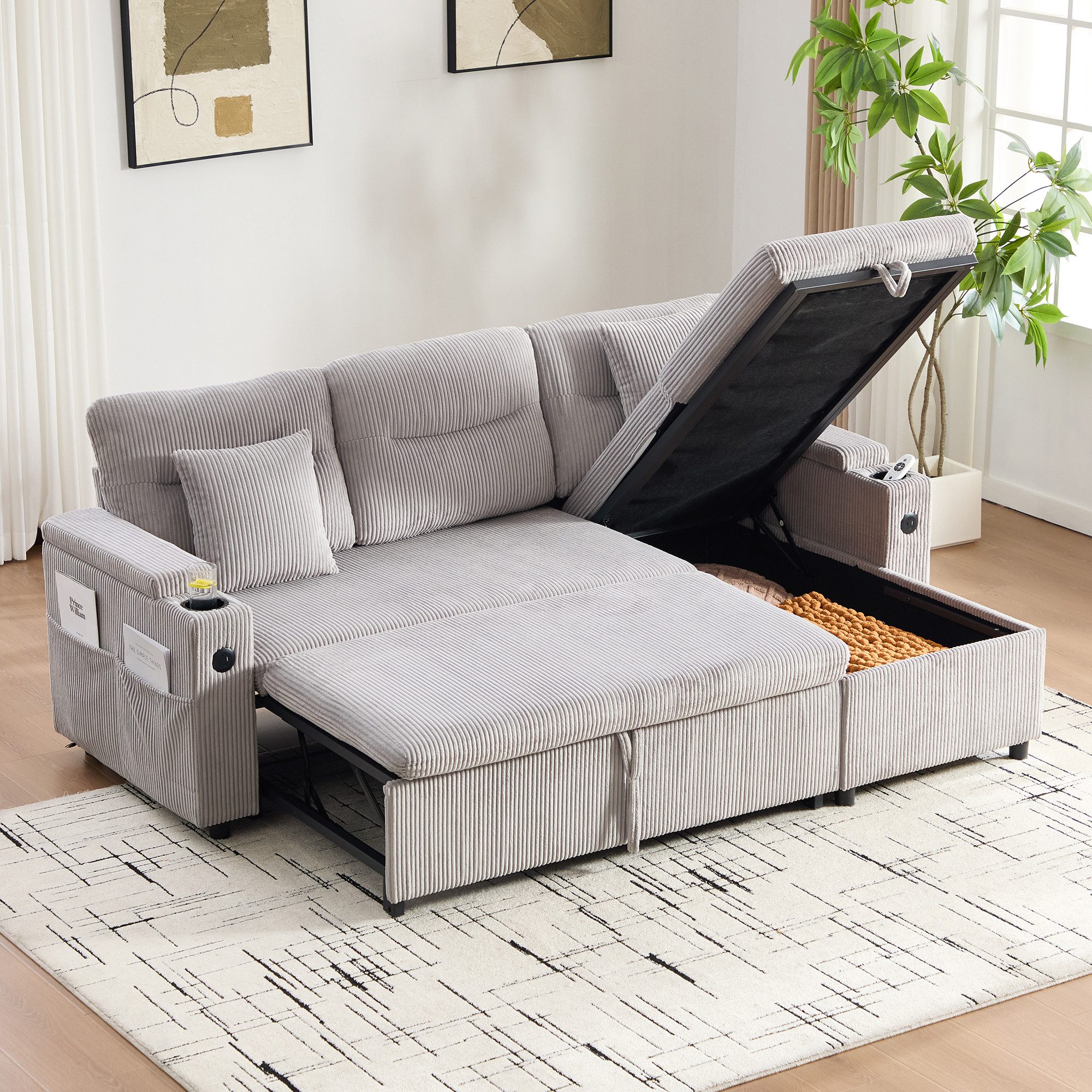 OKWISH Sofa Ecksofa Schlafsofa, Cordsofa mit Stauraum, Getränkehaltern und USB-C, hydraulische Chaiselongue und Schubladenbett