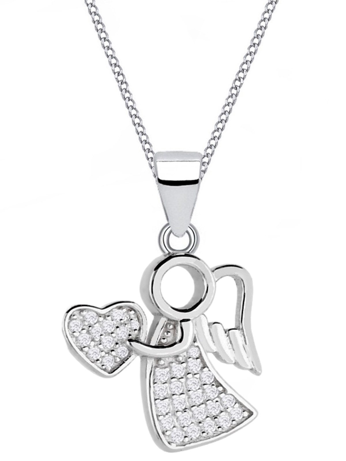 Kette mit Anhänger Halskette Damen Engel mit Herz Anhänger 925 Silber Zirkonia