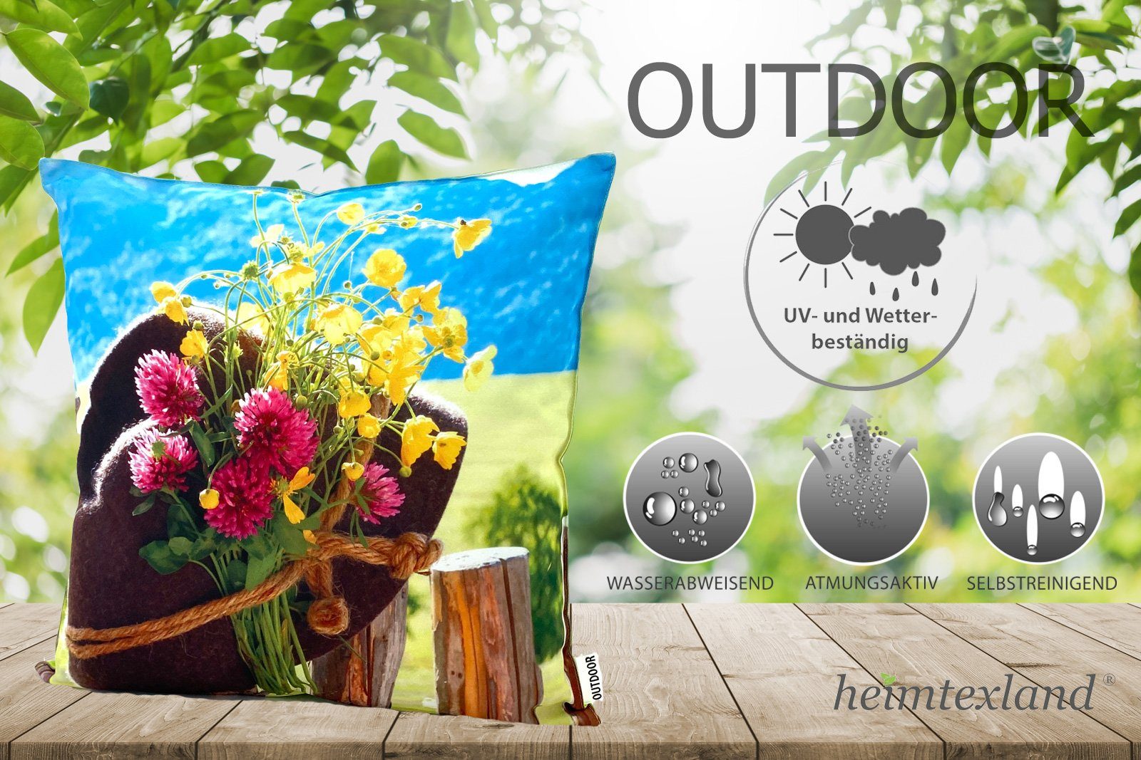 Deko Outdoor Effekt, 45x45 Outdoorkissen Kissen, Füllung Lotus wasserabweisend, heimtexland Dekokissen schmutz- Garten inkl. Alpen-Hut und