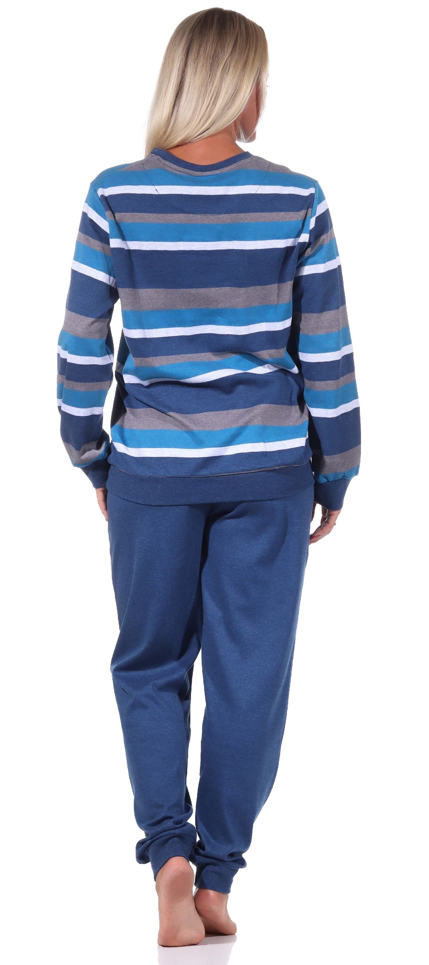 Normann Pyjama Damen Pyjama mit warmer Optik Bündchen blau in Interlock Streifen Qualität