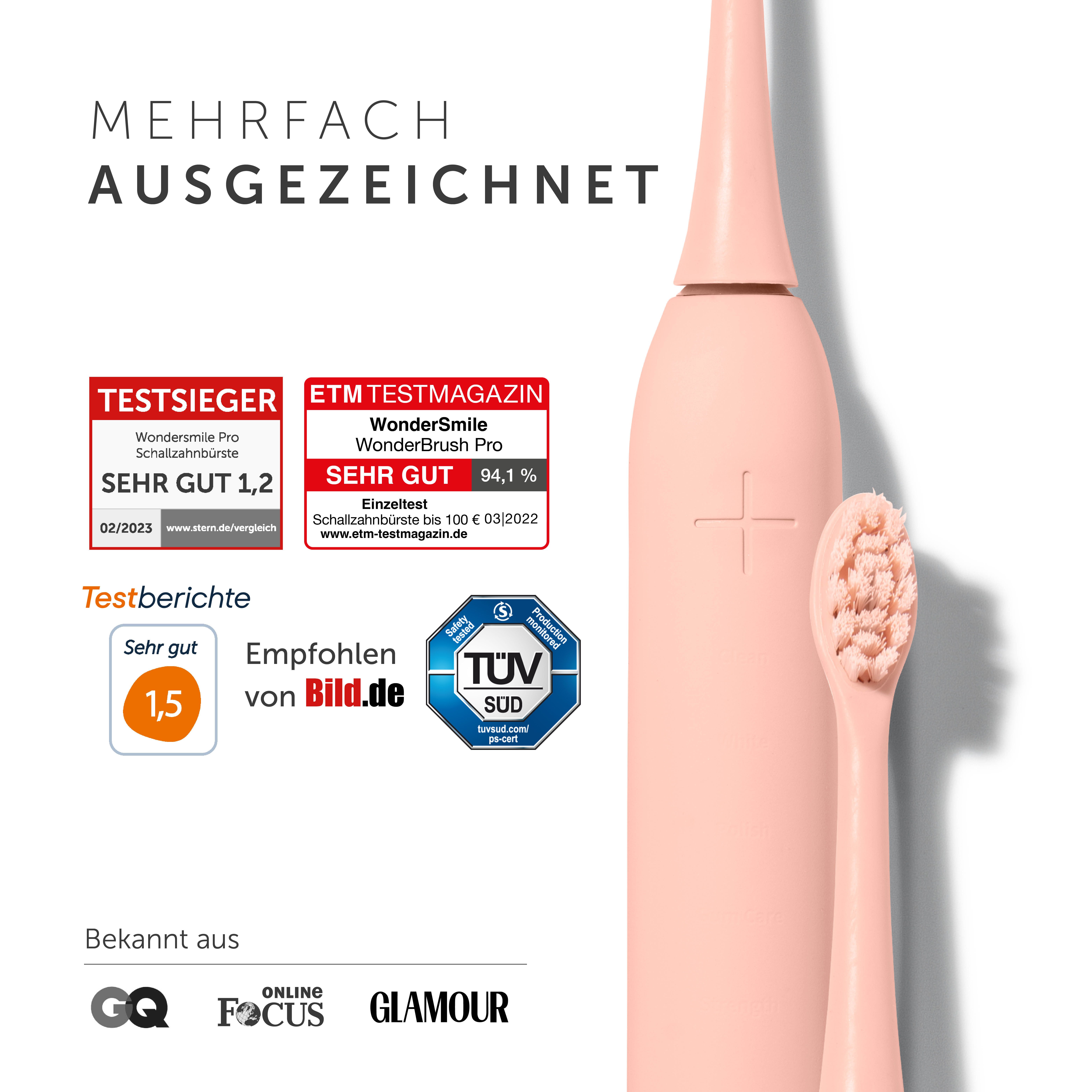 Wondersmile Schallzahnbürste Couple Bundles - Testsieger - 100 Tage risikofrei testen, Aufsteckbürsten: 2 St., Integrierter Zungenreiniger