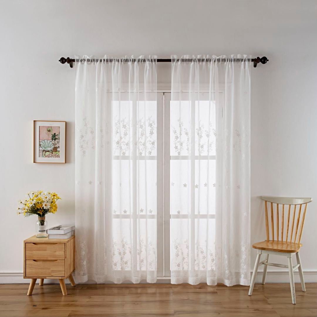 Gardine, HOMEIDEAS, Stangendurchzug (2 St), transparent, Polyester, Blumenstickerei Voile-Vorhänge, 132 cm