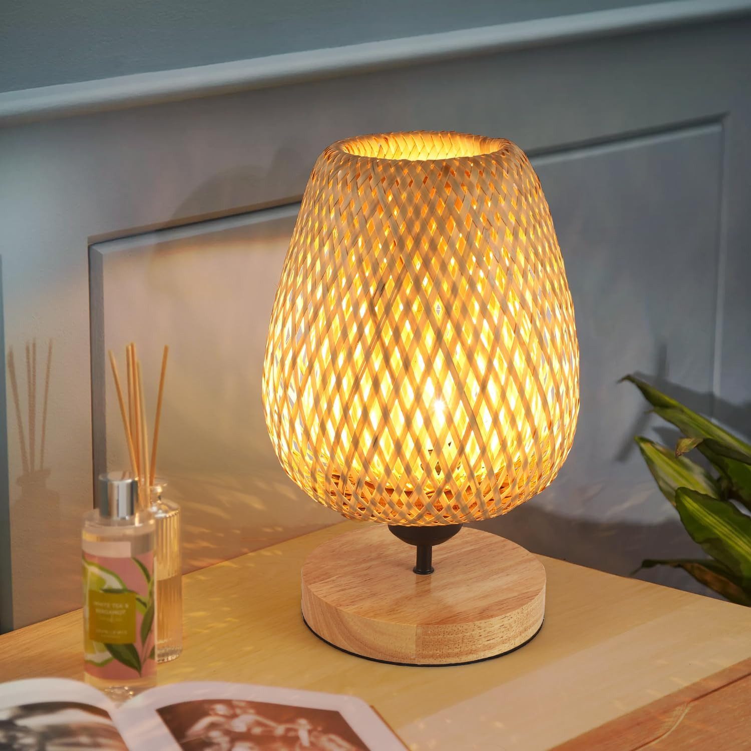 Riserva Hängeleuchte Geflochtene Bambus Tischlampe Natur Holz E27 D16.5xH30cm