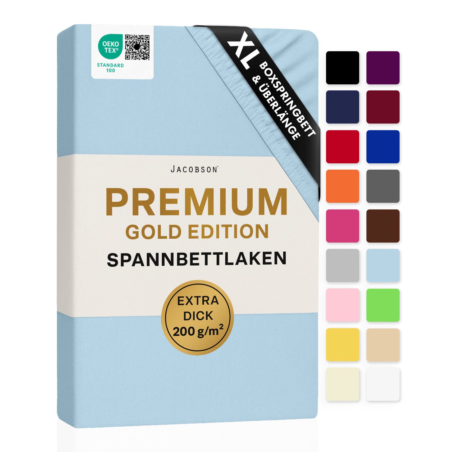 Jacobson Spannbettlaken PREMIUM für hohe Matratzen, Boxspringbett & Überlänge - 200 g/m², Stoffgewicht - straffer Sitz für maximalen Halt