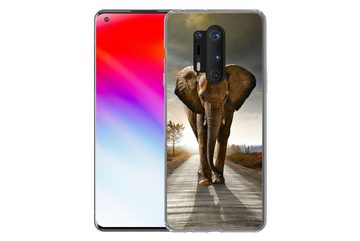 MuchoWow Handyhülle Elefant - Straße - Tiere - Sonnenuntergang - Landschaft, Phone Case, Handyhülle OnePlus 8 Pro, Silikon, Schutzhülle