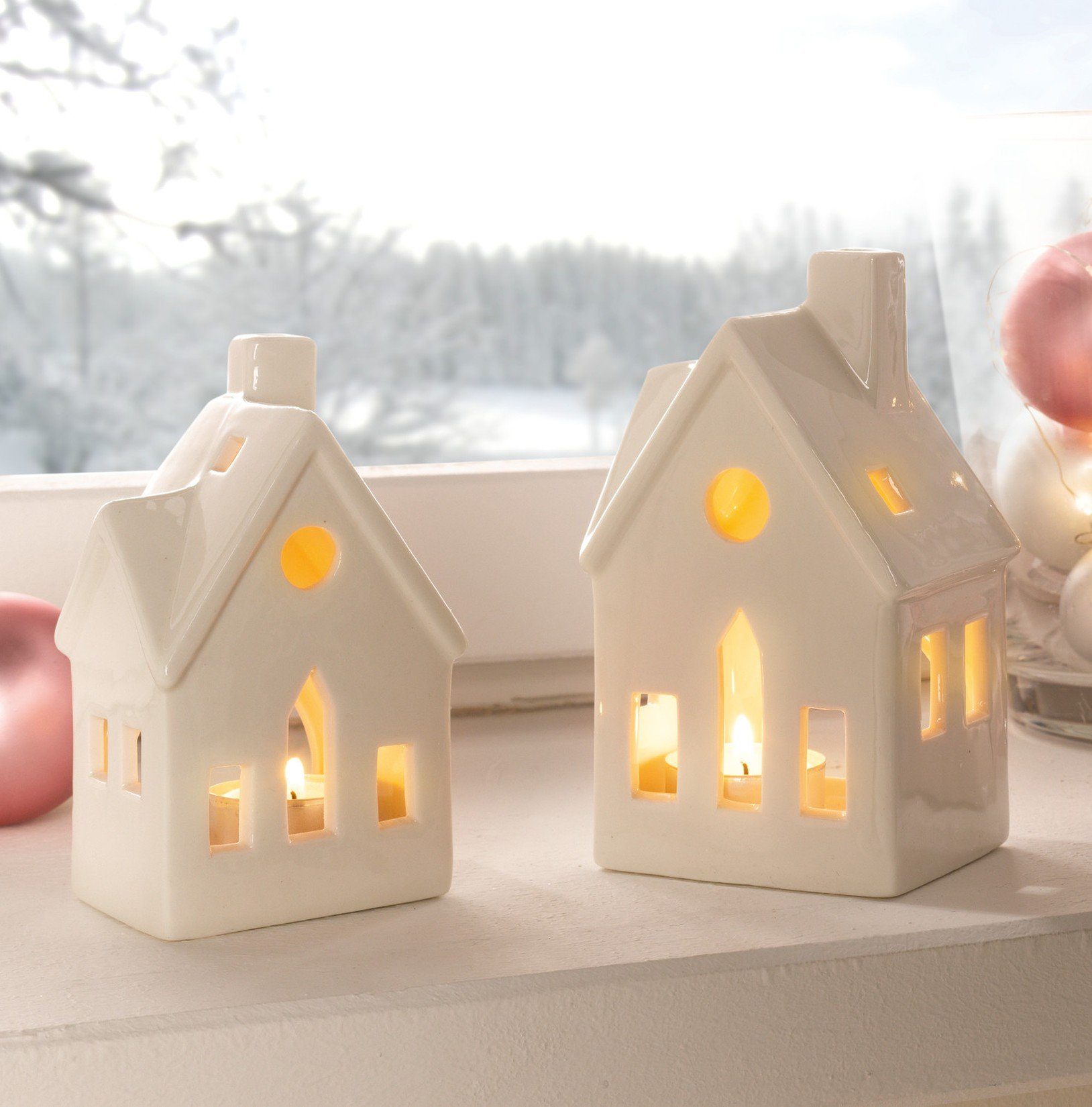 Dekoleidenschaft Teelichthalter "Haus" aus Porzellan, Räucherhäuschen  (2er-Set), glänzend weiß lackiert