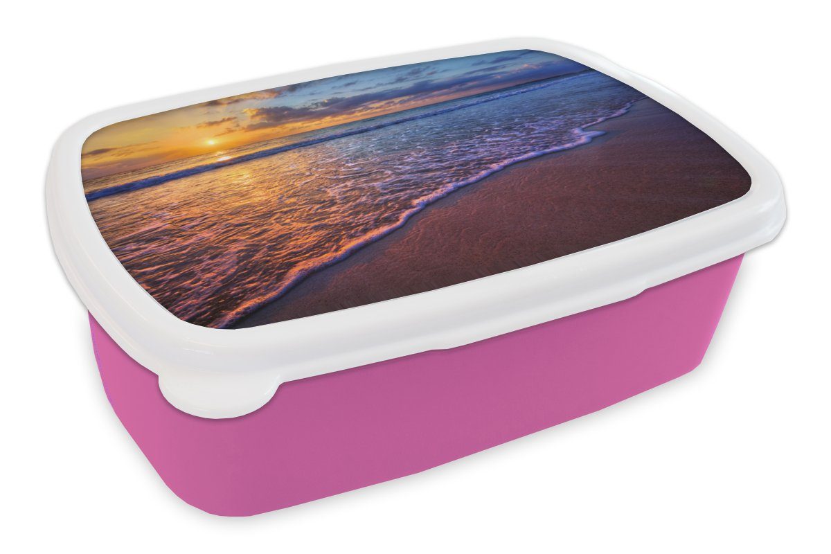 MuchoWow Lunchbox Meer - - rosa Erwachsene, Brotdose - Kunststoff Wolken Sonnenuntergang (2-tlg), Snackbox, Kinder, für Brotbox Mädchen, Kunststoff, - Horizont, Strand
