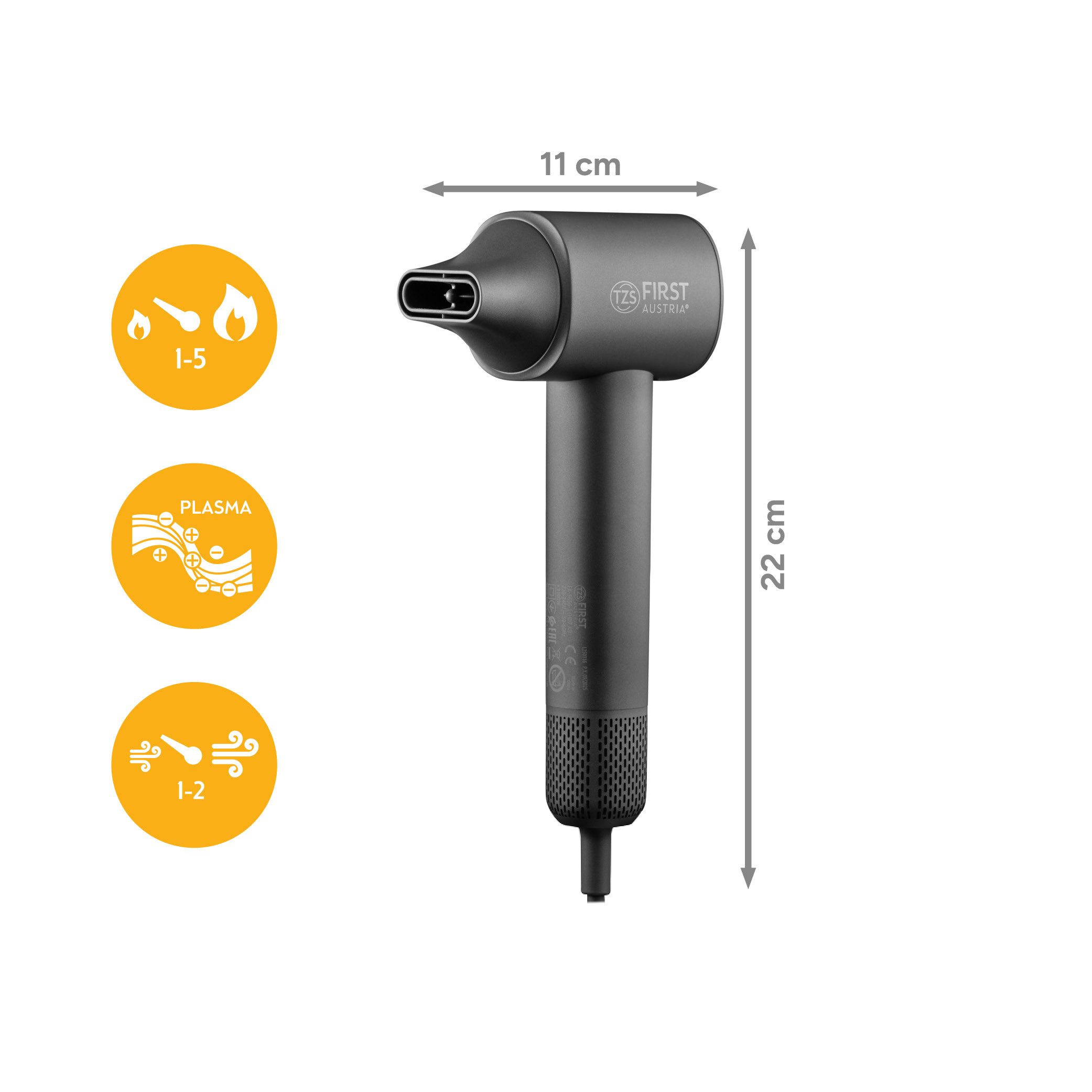 TZS FIRST AUSTRIA Ionic-Haartrockner Duo Sensor Ionen-Föhn, 1100W, 110.000 U/min, Plasma-Tech, Ultraleicht, 2 Mrd. Ionen Anti-Frizz, Hitzeschutz, 5 Styling-Modi & Magnet-Düse