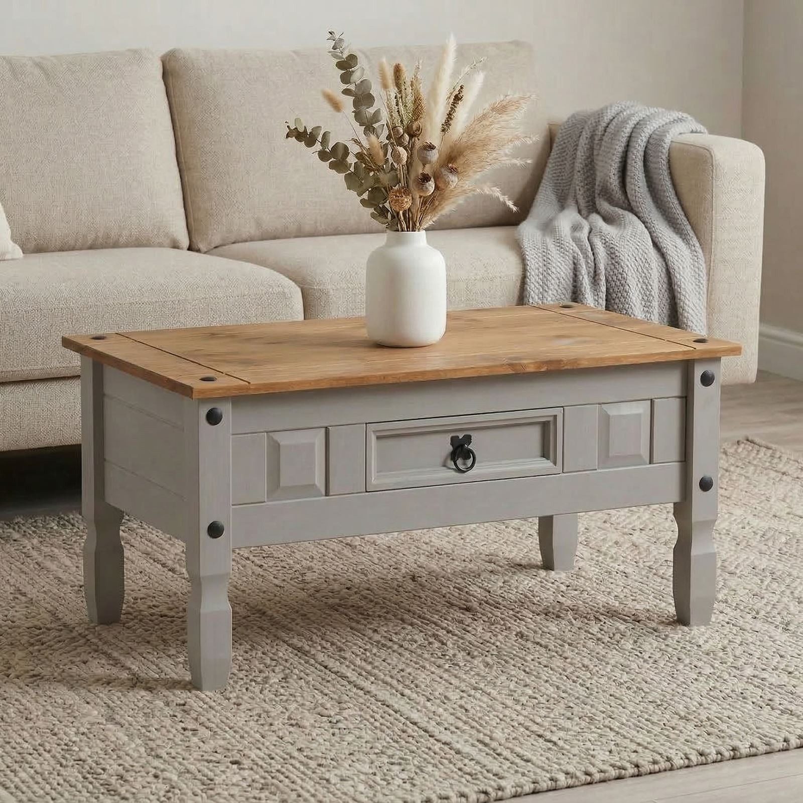 CARO-Möbel Couchtisch RAMON, Couchtisch Wohnzimmer Sofatisch 1 Schublade Kiefer massiv Mexiko-Stil