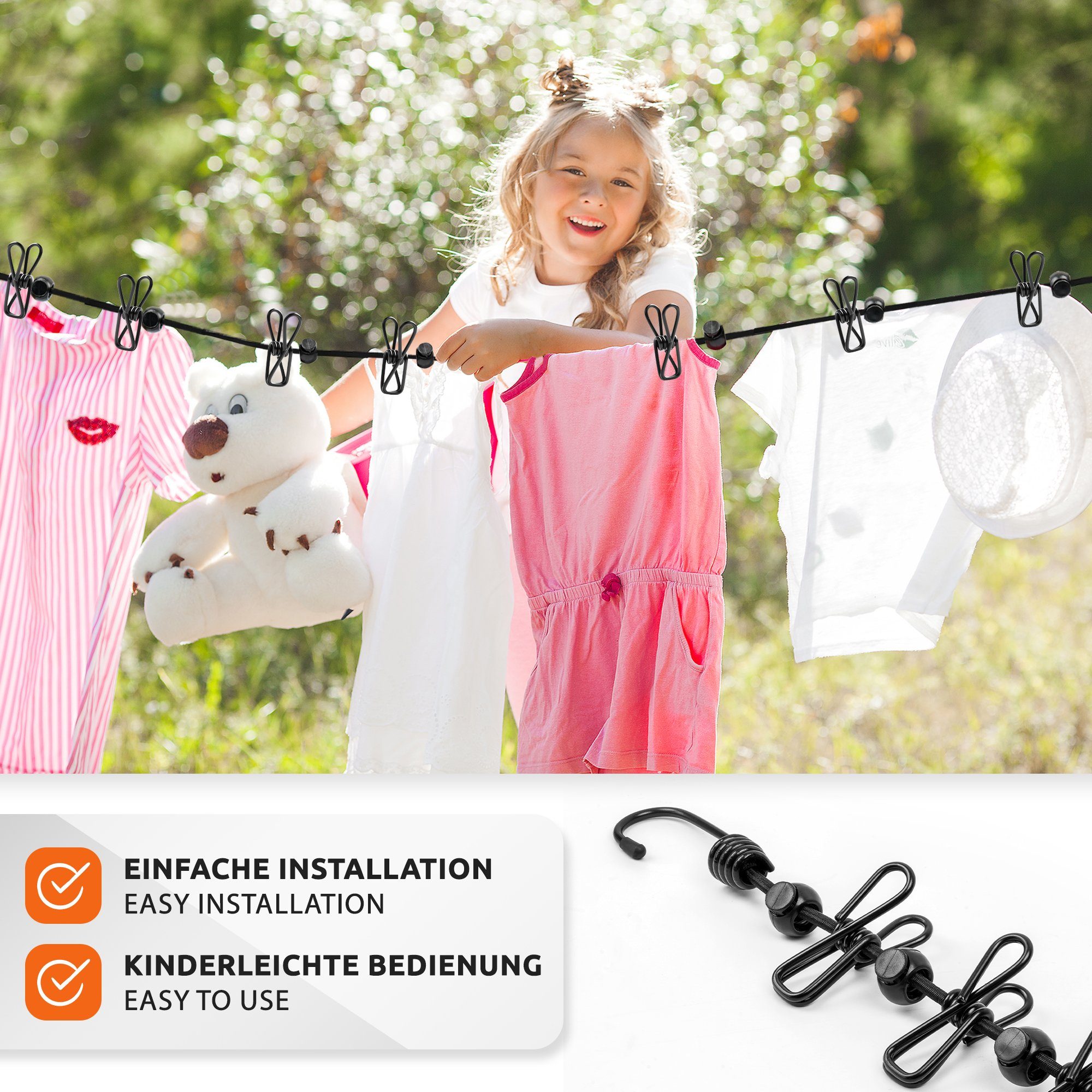 ECENCE Wand-Wäscheleine 2x Flexible Wäscheleine mit 12 Klammern Reise – Bild 4 von 5
