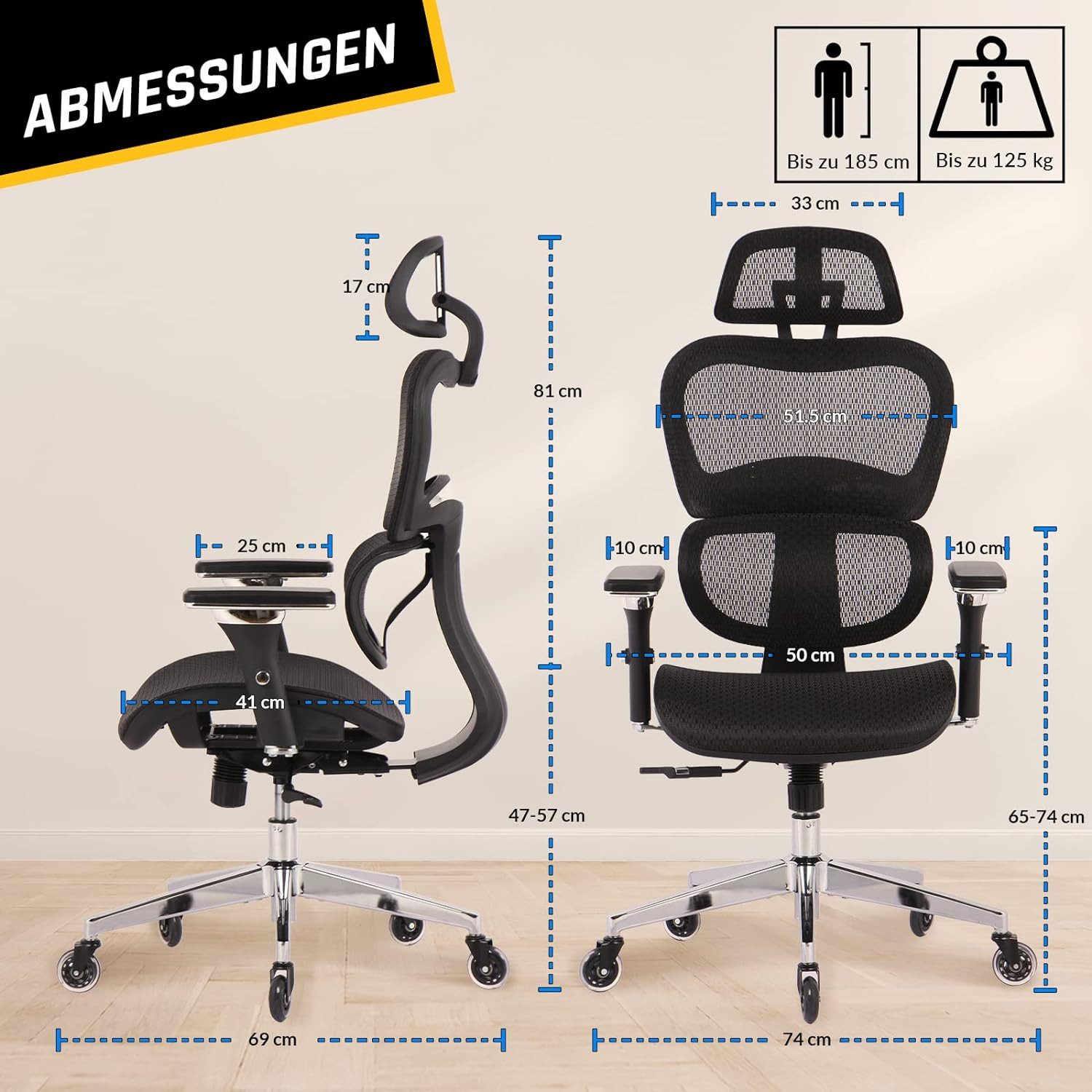 KLIM Bürostuhl K800 (Chefsessel, Drehstuhl, Lendenwirbelstütze), Armlehne & Kopfstütze, ergonomischer Schreibtischstuhl, höhenverstellbar