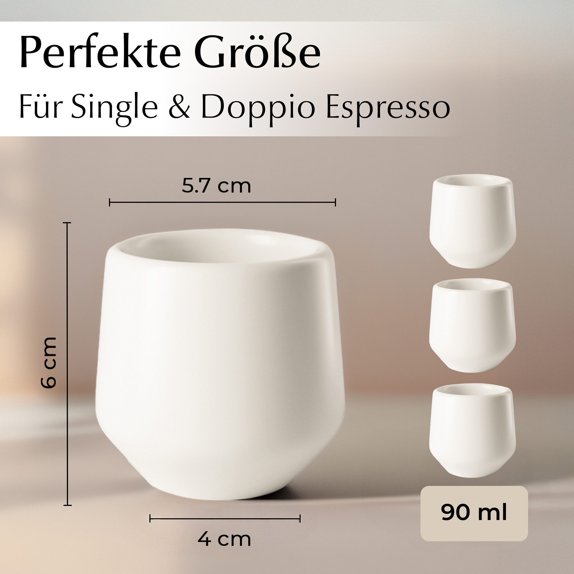 MiaMio Espressotasse Luxe ohne Henkel, 90 ml, Weiß, 4-tlg., Keramik, Ristretto & Doppio, dickwandig, modern