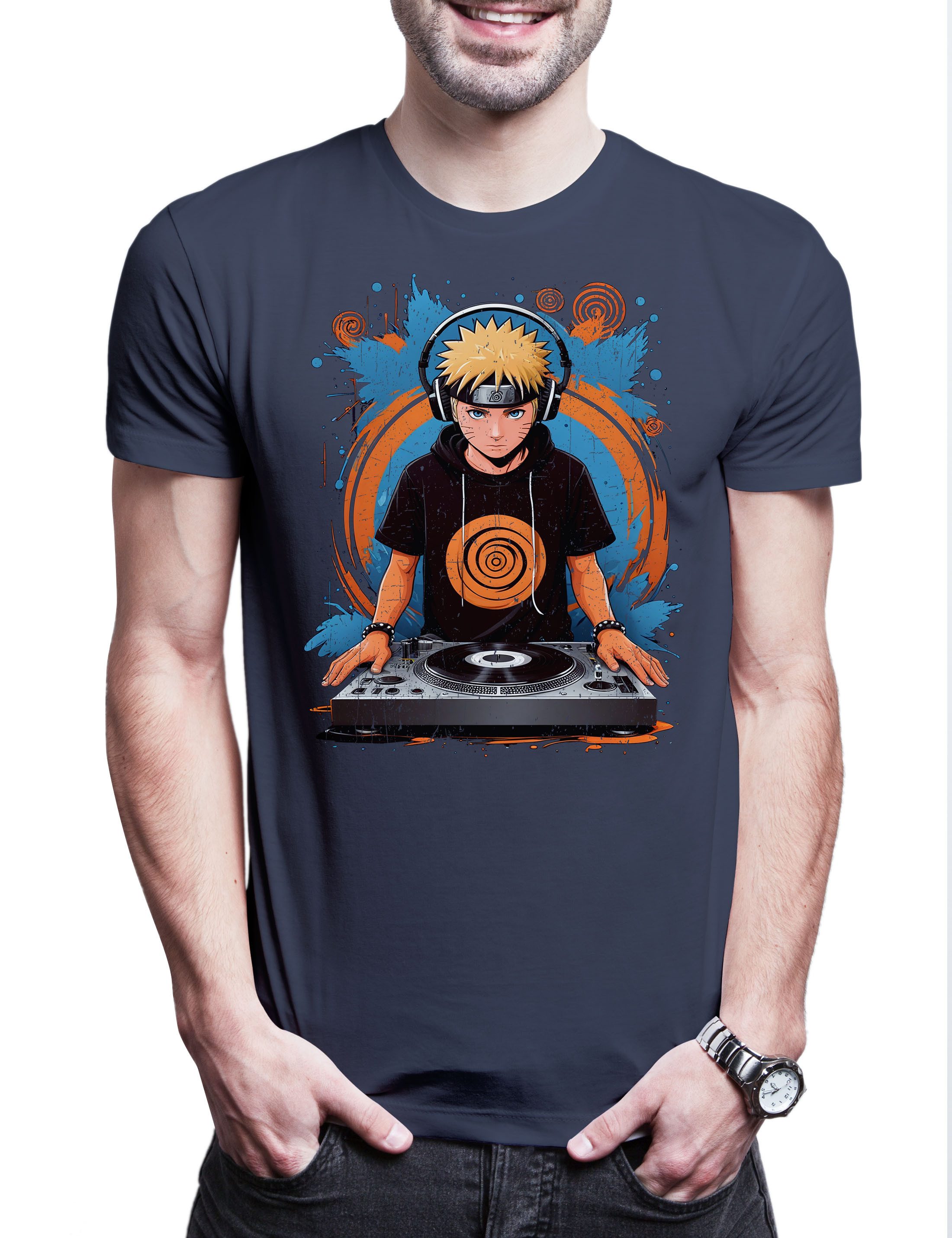 Print-Shirt Ninja DJ Herren T-Shirt Shinobi System Anime Naruto Music Musik