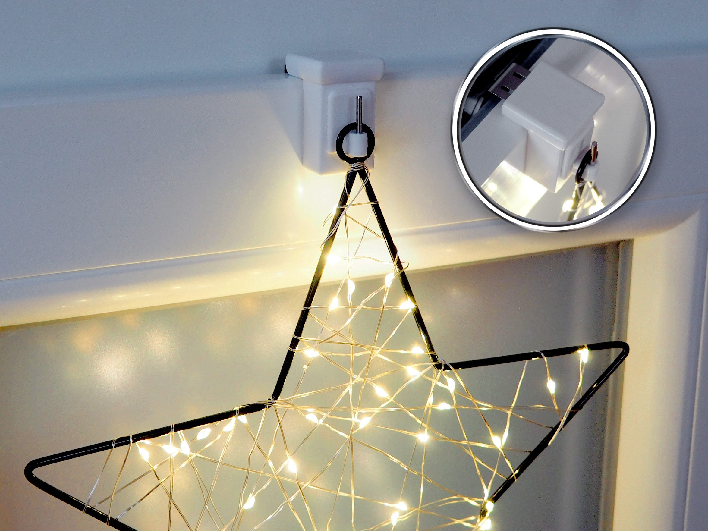 dekondo Fensterhaken Dekohaken Dekoklipp Gardinenhaken, weiß, für einen Klemmbereich (Rahmenstärke des Fensters/Fensterdicke) von 10-27 mm, (4-St), oben oder seitlich am Fenster zu befestigen