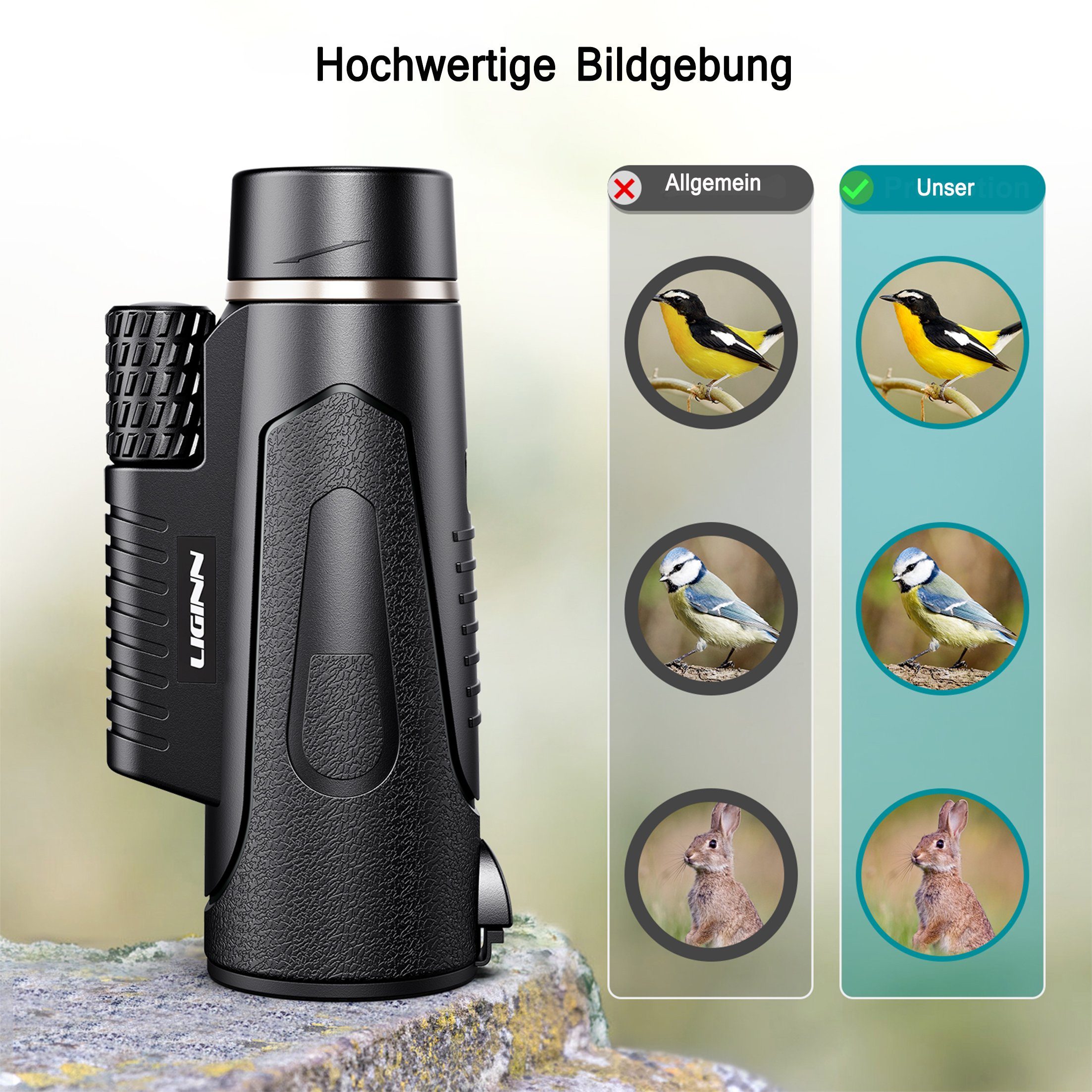 Monokular,HD-Teleskop,mit Vogelbeobachtung/Sportspiele/Jagd/Reisen) für Vergrößerung Outdoor Stativ Schwarz Handy-Clip,12x50 + (12fache Fernrohr KINSI