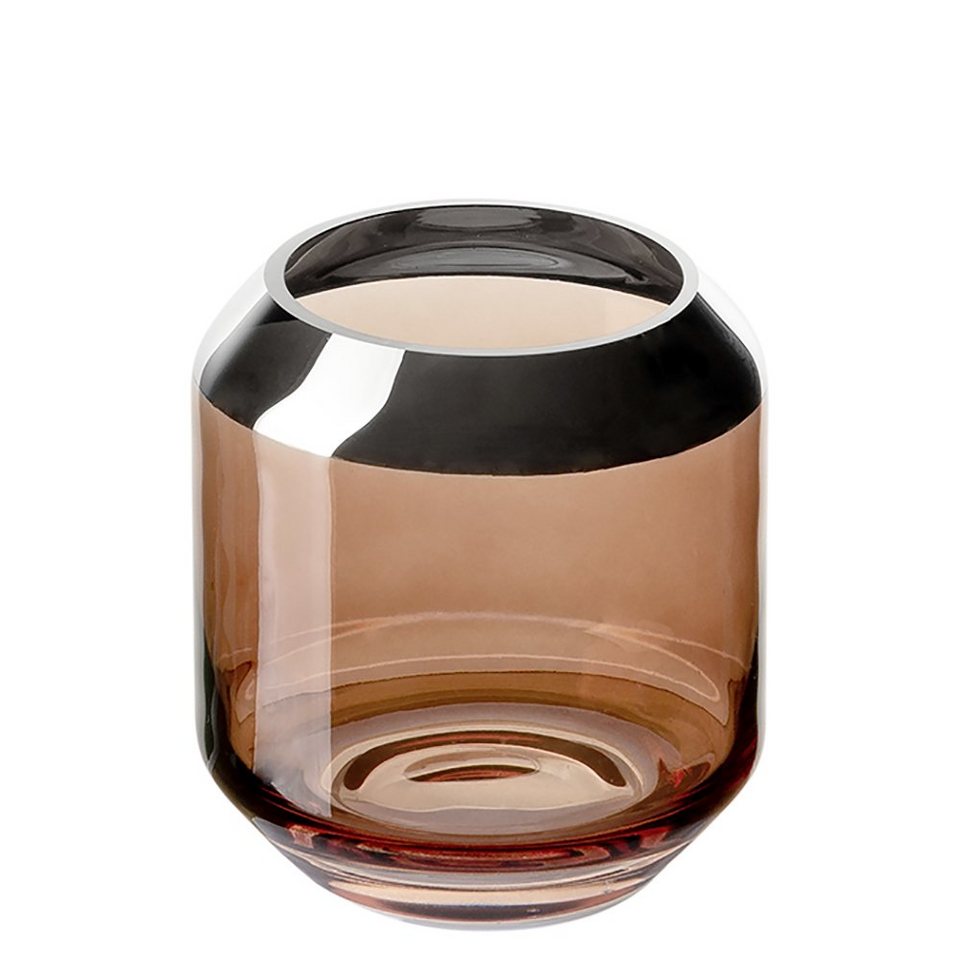 Fink Kerzenständer FINK Teelichthalter Smilla - braun-silber - H. 9cm x D.  9cm, Eigenschaft: mundgeblasen, silberfarbender Rand