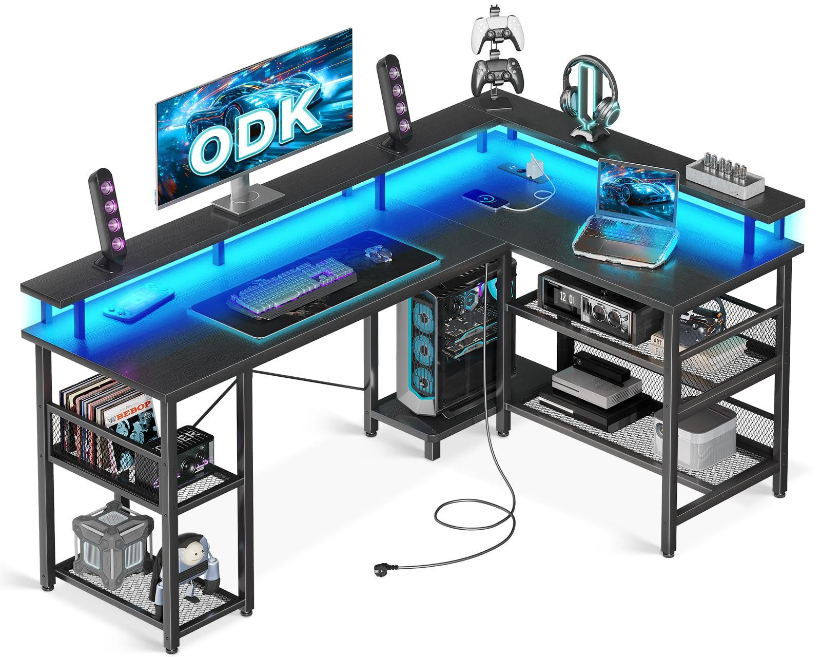 ODK Gamingtisch mit LED-Beleuchtung, 150cm Reversibler Eckschreibtisch, L-Form (1-St), Multifunktionaler Tisch mit Steckdosen & USB, Schwarzholz-Optik