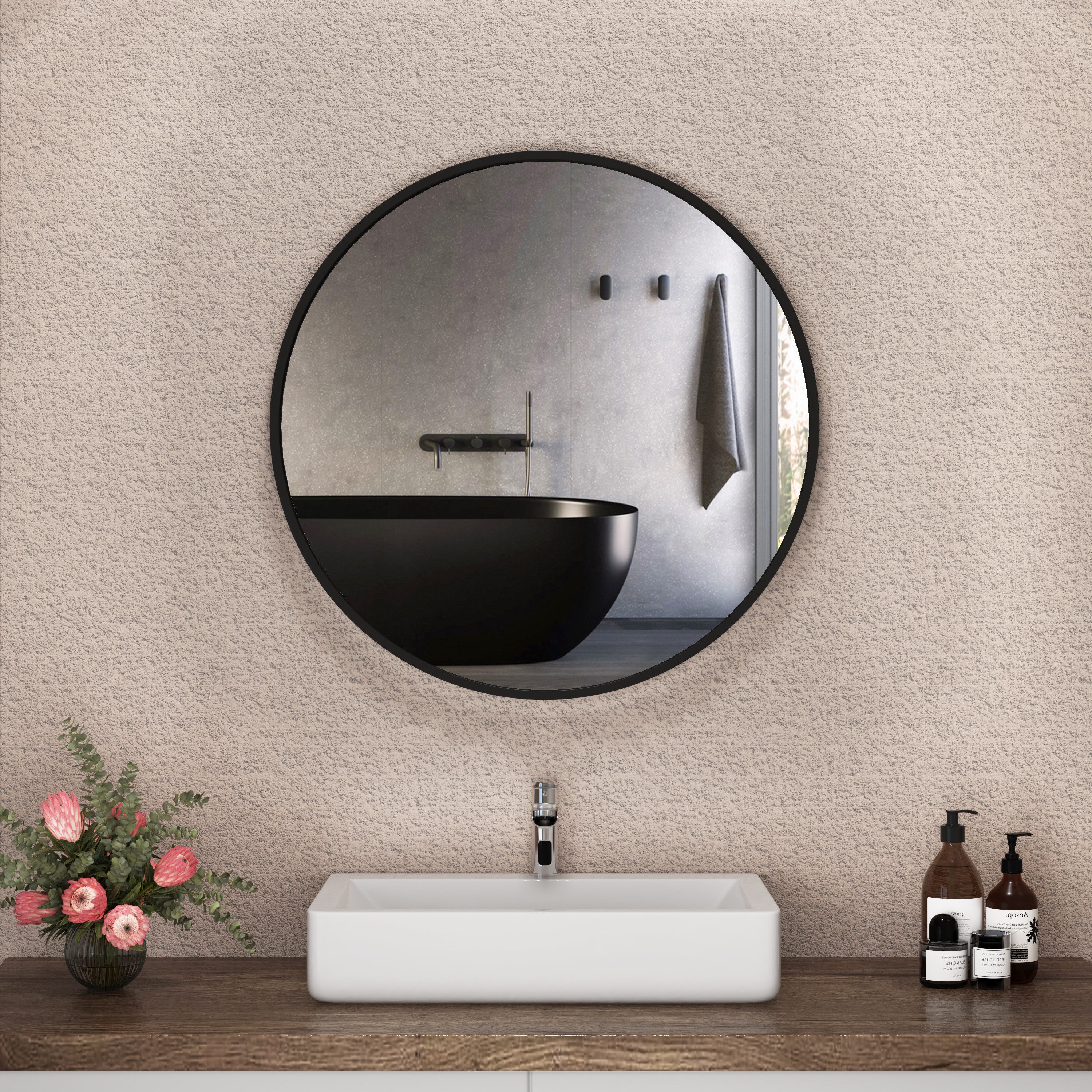 Hopibath Wandspiegel klein 40x40 Rundspiegel Schwarz mit Alurahmen Ø40cm (Dekospiegel Flurspiegel, Badspiegel), Spiegel, für Flur, Bad, Schlafzimmer, Wohnzimmer
