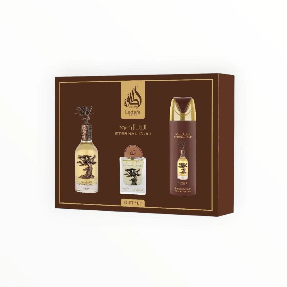 Lattafa Pflege-Geschenkset Eternal Oud, Luxuriöses orientalisches Duftset für Damen & Herren mit warmen Noten