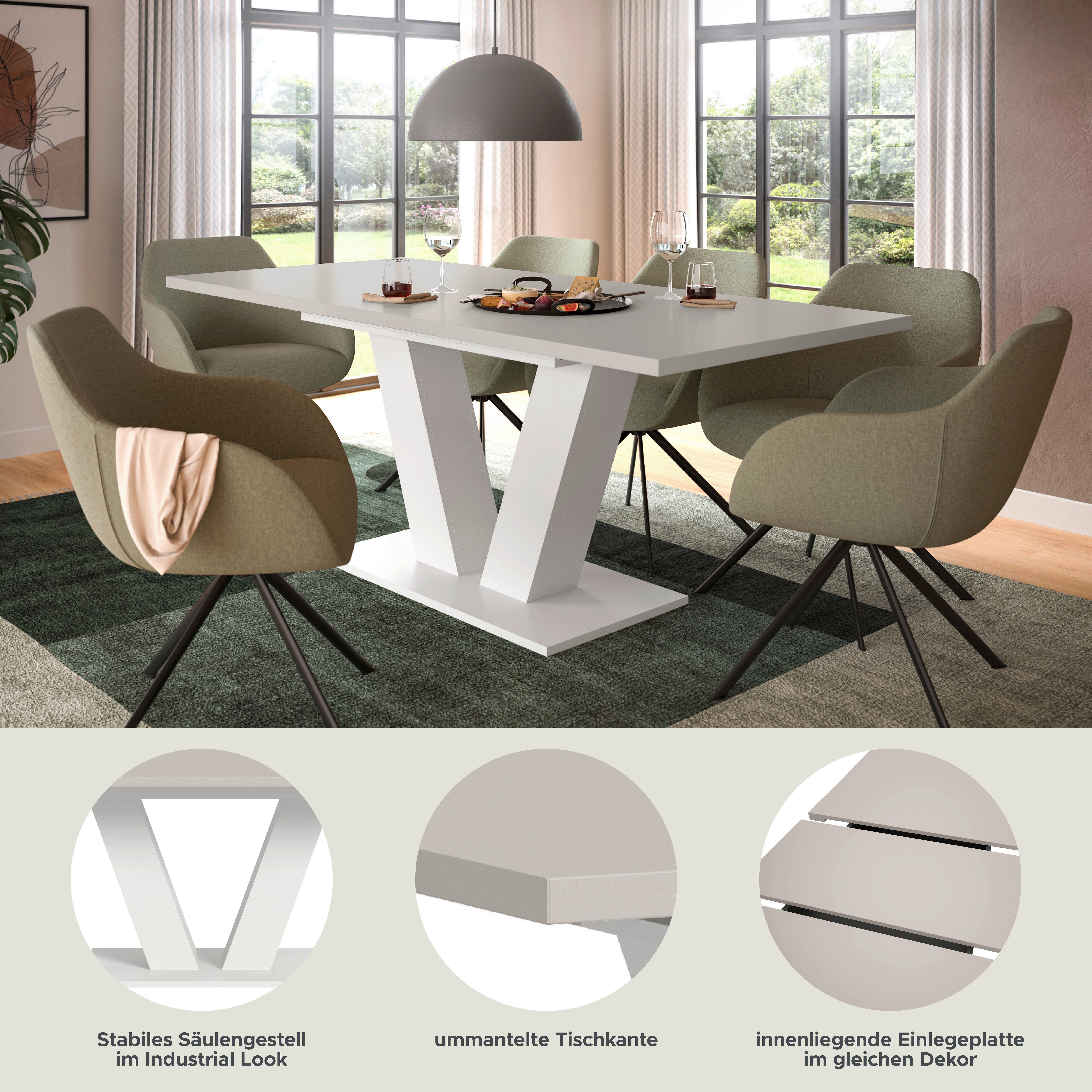 Home affaire Esstisch Motus, ausziehbar 150 -190 cm, inklusive 40 cm Einlegeplatte (Set, 1-St), V-Gestell mit Bodenplatte, Tisch, Küchentisch, Esszimmer, Küche