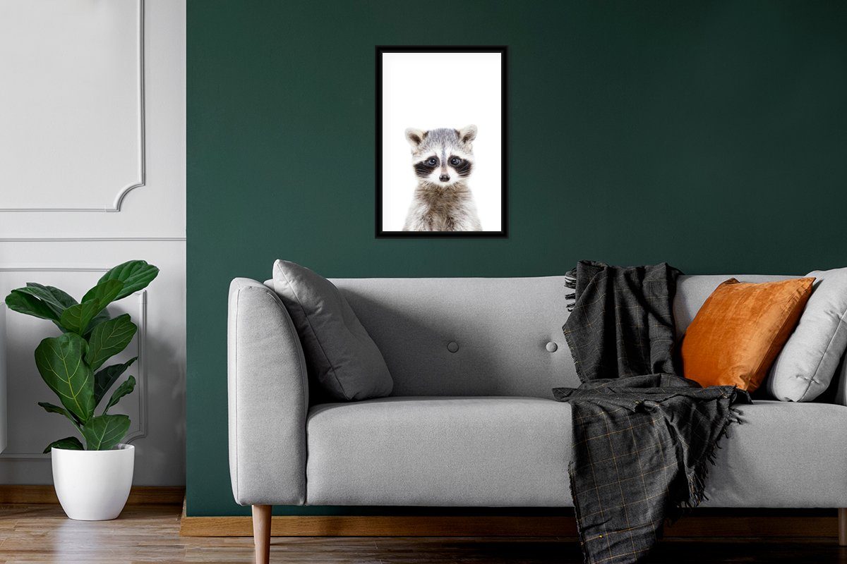 MuchoWow Poster Waschbär - (1 Weiß, Tiere Poster, Bilder, Wandposter, - Bilderrahmen Gerahmtes - Schwarzem St), Wanddeko, Natur