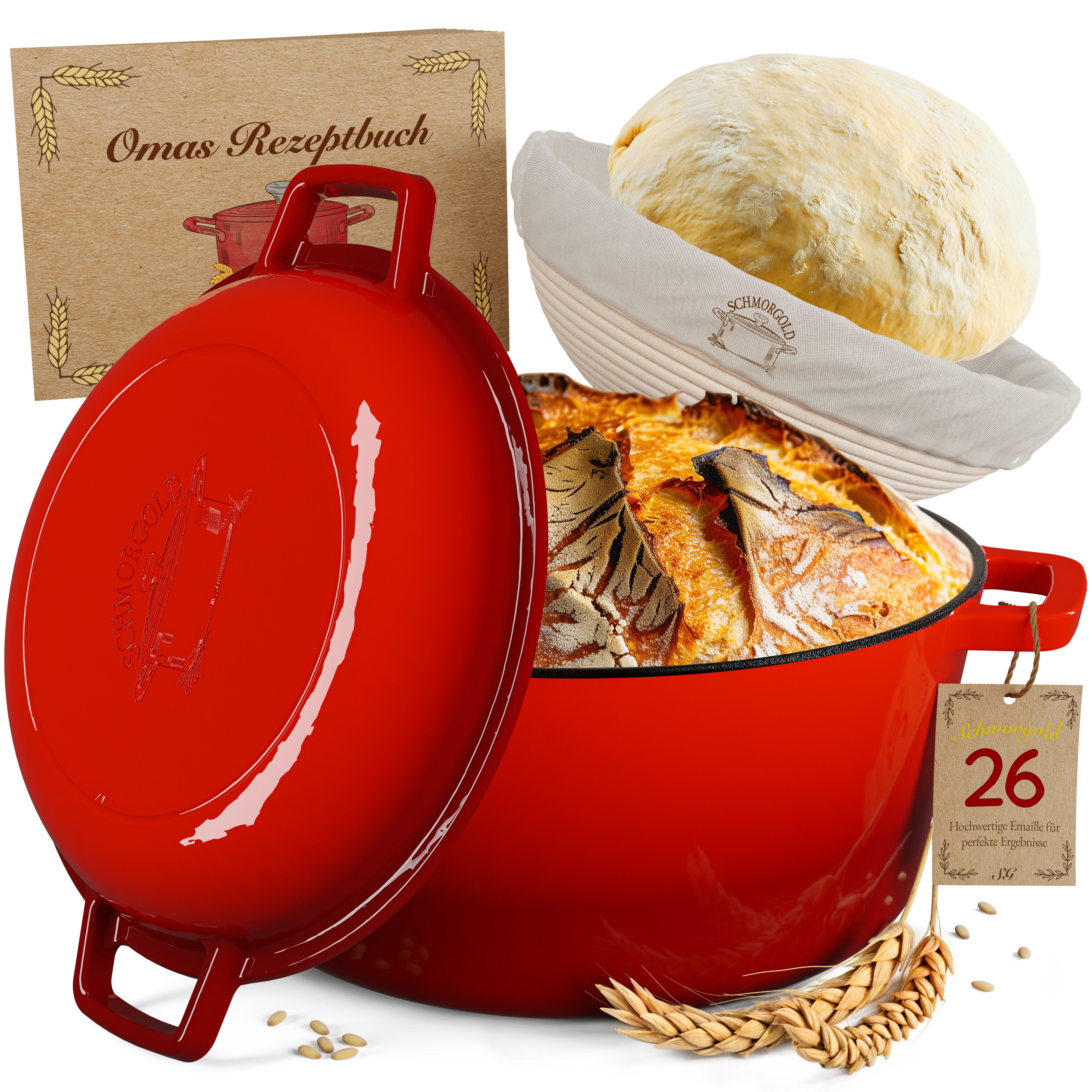 Schmorgold Brotbackform SCHMORGOLD Brotbackform inkl. Gärkorb - Gusseisen Topf zum Brot Backen, Emaillierter roter Topf - Gusseisentopf Brotbacken in 24cm oder 26cm