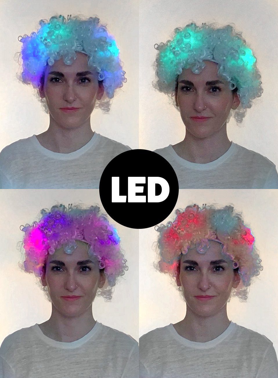 Metamorph Kostüm-Perücke BLINKENDE LED Clownsperücke - Karneval Fasching, Wuschelige, kurze Locken mit bunten Leuchten