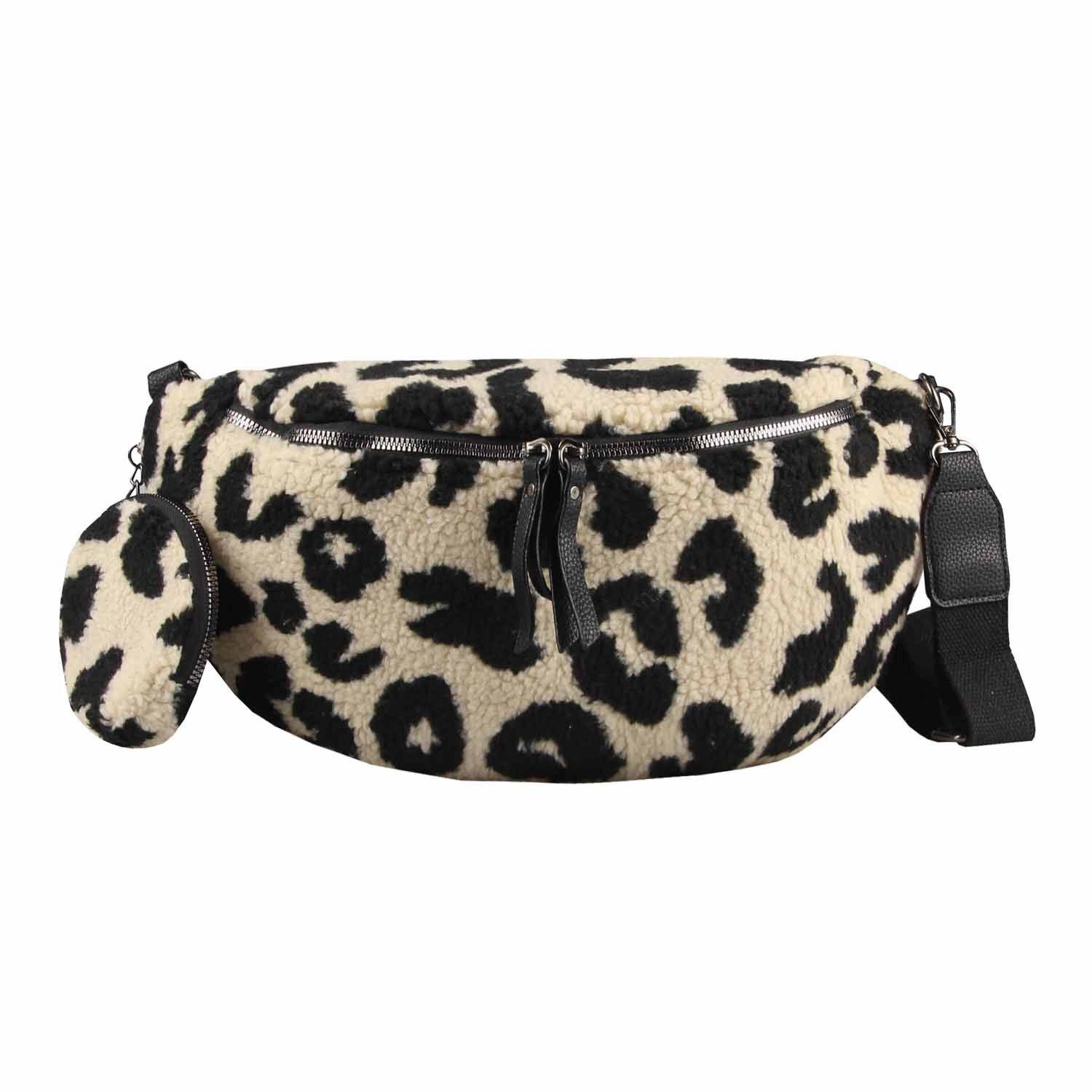 ITALYSHOP24 Bauchtasche Damen LEOPARDEN-PRINT Tasche Teddyfell Plüsch Hüfttasche LEO Crossbag, PELZTASCHE Schultertasche CrossBody Teddytasche Plüsch Felltasche
