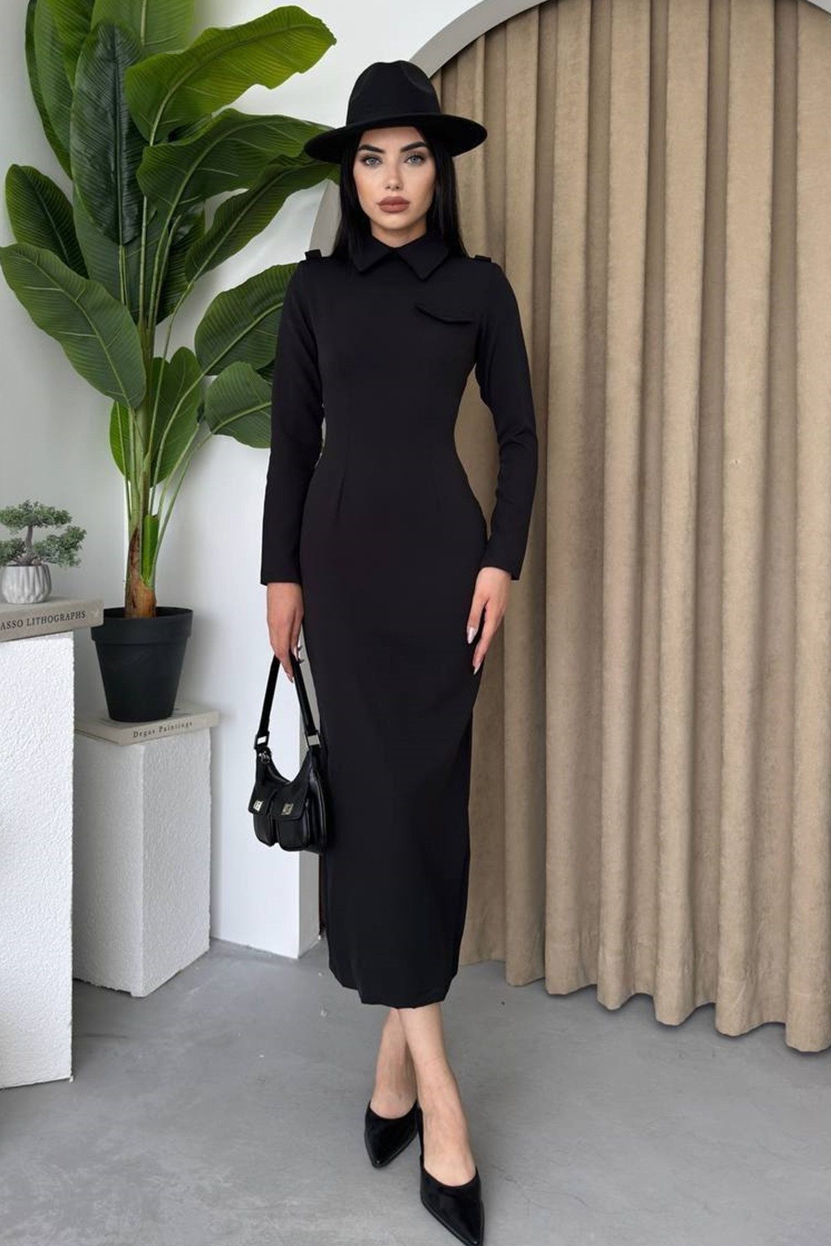 WOMAN VISION Maxikleid Schwarzes Midi-Bleistift-Abendkleid aus Atlas-Stoff mit Hemdkragendeta