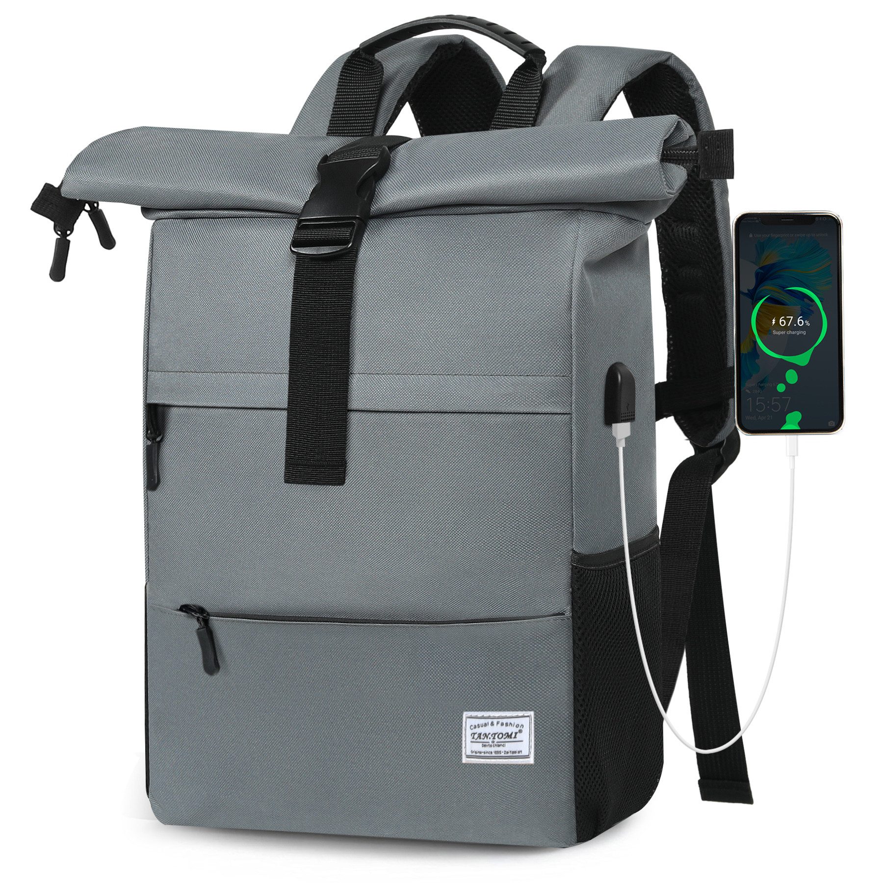 TAN.TOMI Cityrucksack Freizeitrucksack Groß Damen lässiger Rolltop Rucksack Herren Backpack (Arbeitsrucksack viele Fächer mit 15,6" Laptopfach/USB-Anschluss), Reiserucksack Lässiger Backpack Schule Freizeit Uni Arbeit Wandern