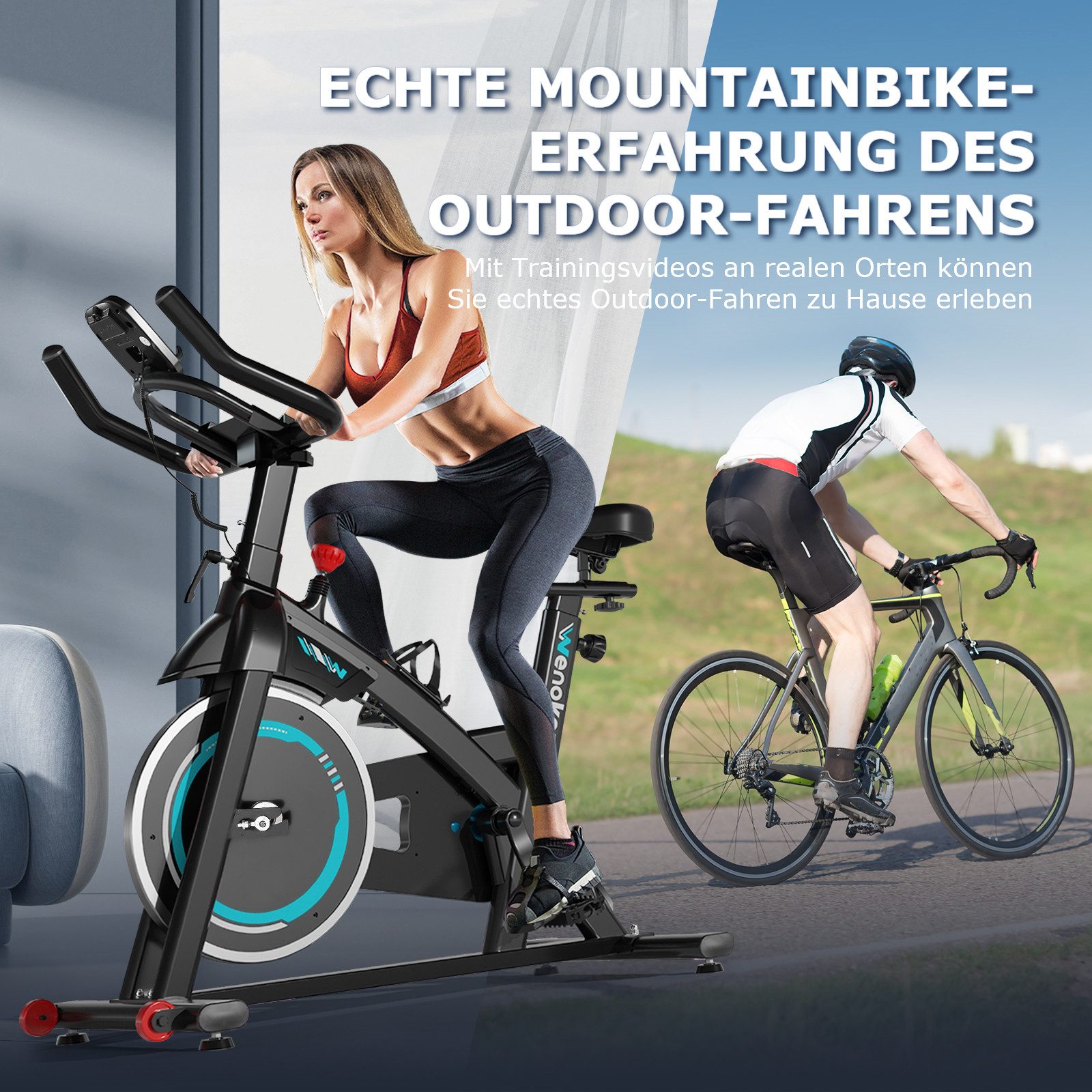 Wenoker Heimtrainer Fahrrad mit APP, Leise Stationäres Fahrrad für Zuhause, mit App, LCD, Tablet-Halter, Zwift/Kinomap-komp., ergonom. Sitz, 140kg