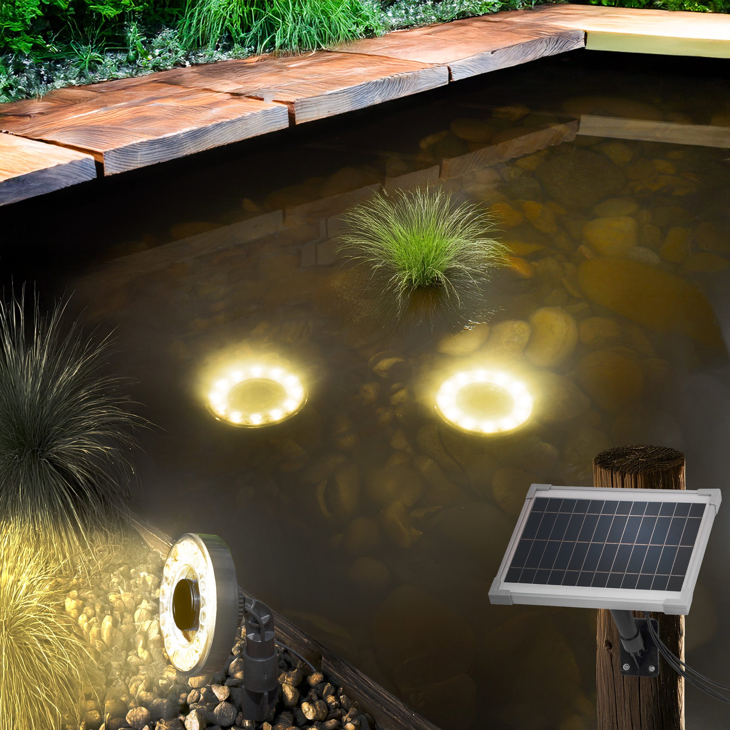 esotec Gartenstrahler Solar Über- und Unterwasserstrahler 3 MultiSpots 3000K warmweiß 101407, LED fest integriert