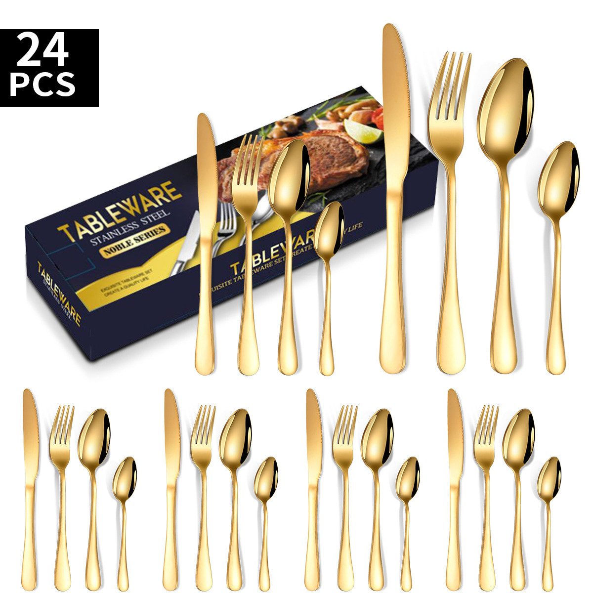 Forrlite Besteck-Set Besteck Set für 6 Personen,24teiliges Edelstahl Essbesteck&Steakmesser, 6 Personen, Elegantes/Modernes Besteckset,Besteck Set für Restaurant,Hotel,Zuhause