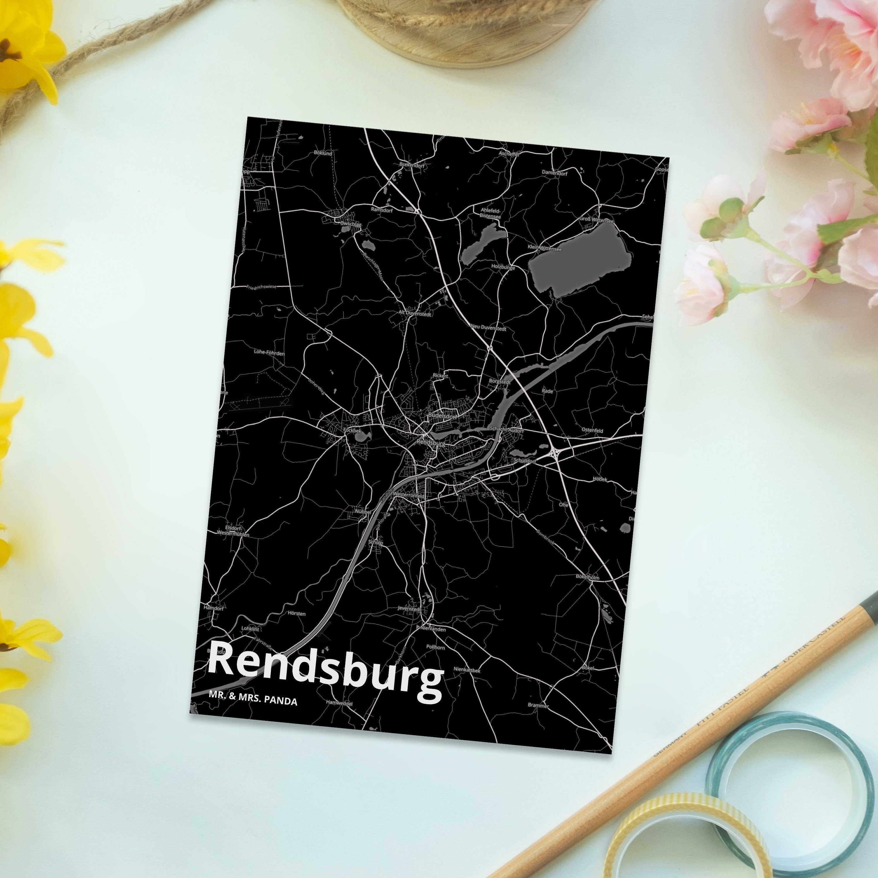 Rendsburg Stadt, Postkarte Dankeskarte & Panda Mr. Mrs. - Karte, Geschenkkarte, Geschenk, Ort,