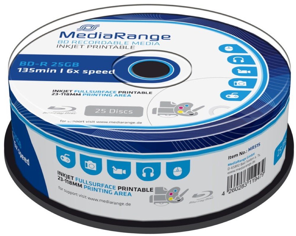 Mediarange Blu-ray-Rohling 25 Rohlinge Blu-ray BD-R full printable 25GB 6x Spindel