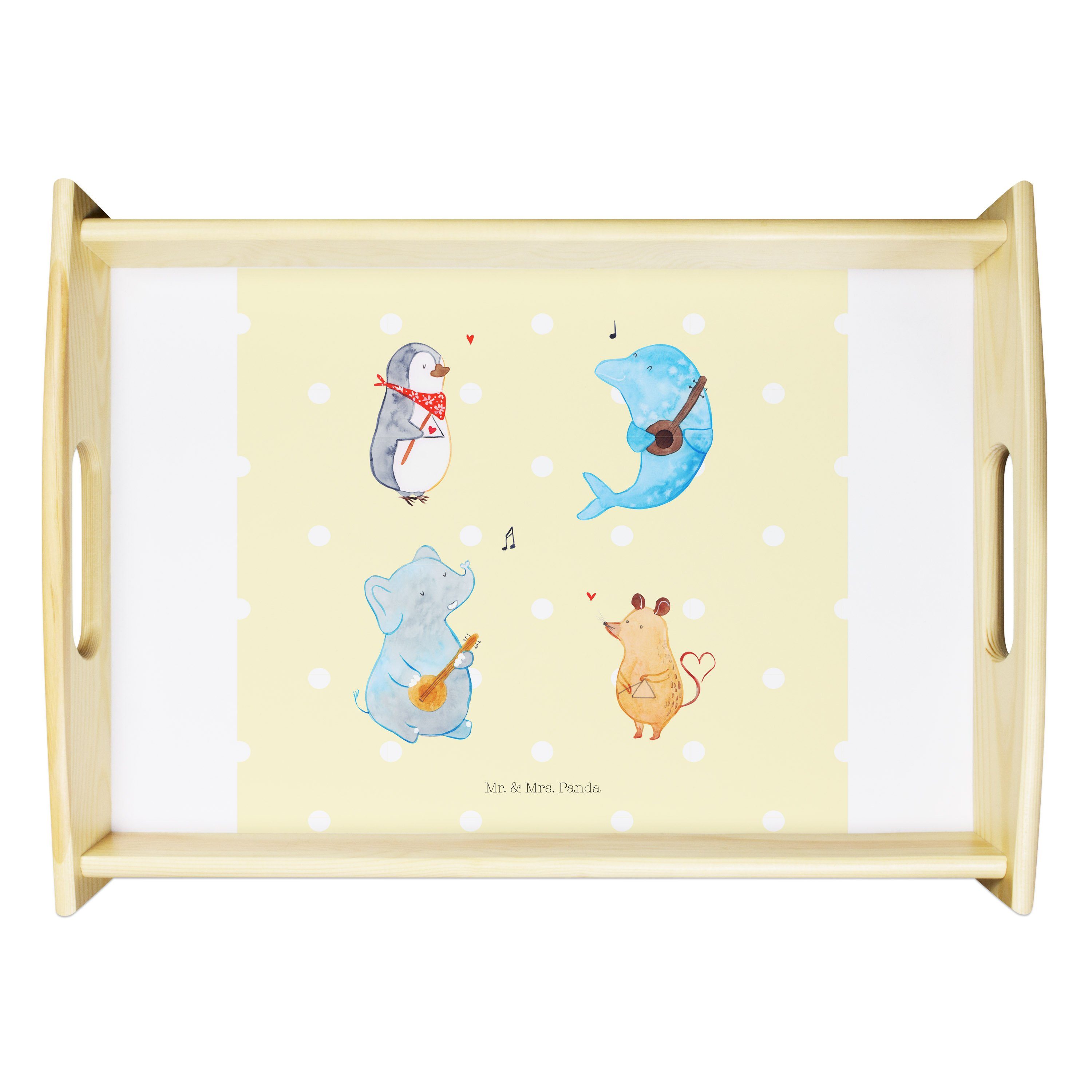 Mr. & Mrs. Panda Tablett Big Band - Gelb Pastell - Geschenk, Küchentablett, Hund, Delfin, Früh, Echtholz lasiert, (1-tlg)