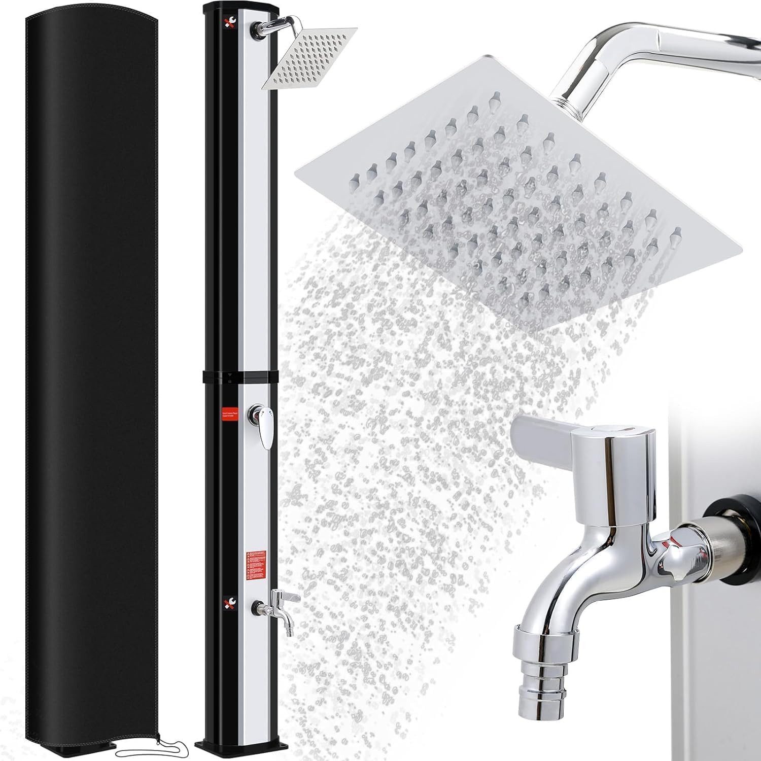 TLGREEN Solardusche Gartendusche ohne Strom mit 360° Oberkopf-Duschkopf & 210D Schutzhülle (60L Pooldusche Campingdusche bis 60°C warmes Wasser, mit unabhängigem Wasserhahn & Gartenschlauch-Anschluss), (ohne Handbrause)