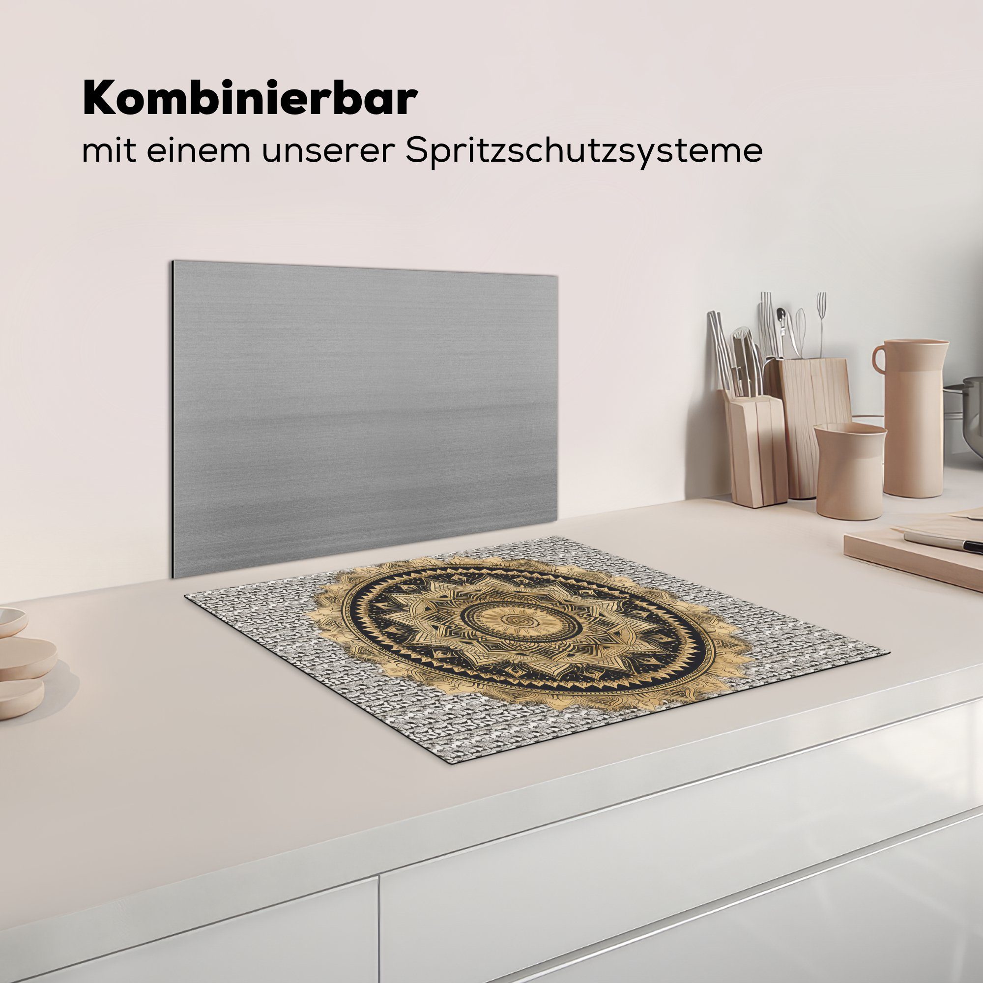 MuchoWow Herdblende-/Abdeckplatte Mandala Vinyl, - Arbeitsfläche Luxus nutzbar, - Bohème, Mobile - - Blume Gold cm, tlg), Ceranfeldabdeckung 60x52 (1