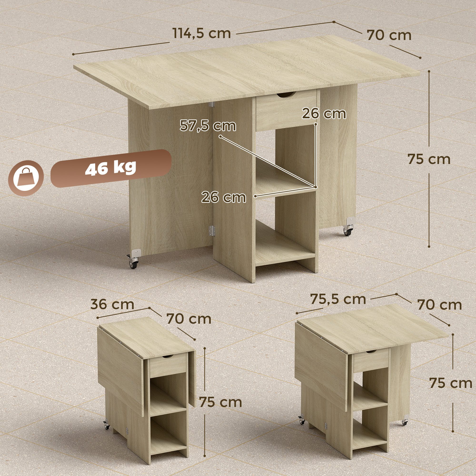 HOMCOM Klapptisch Küchentisch mit Schublade und 2 Ablagen, Moderner Esszimmertisch (Moderner Esszimmertisch, Esstisch Klappbar), für Kleine Räume, Esszimmer, Küche, 114,5 x 70 x 75 cm, Natur